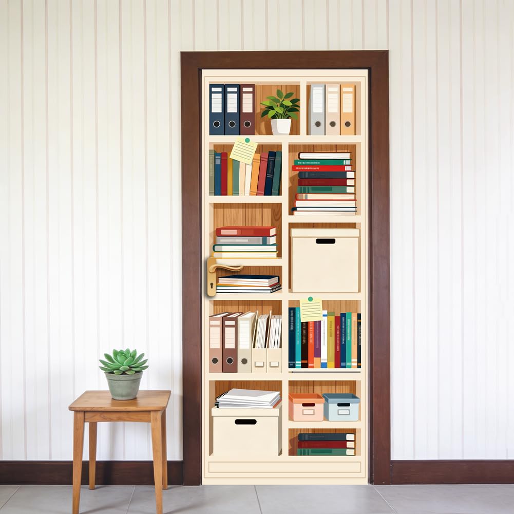 CRAFTYMELODY Door Sticker Peel Stick Removable Self Adhesive Door Mural Decal Vinyl PVC Waterproof Door Cover Wallpaper for Home Office Shop Decoration 31.48×78.74 Inch Modern Bookshelf