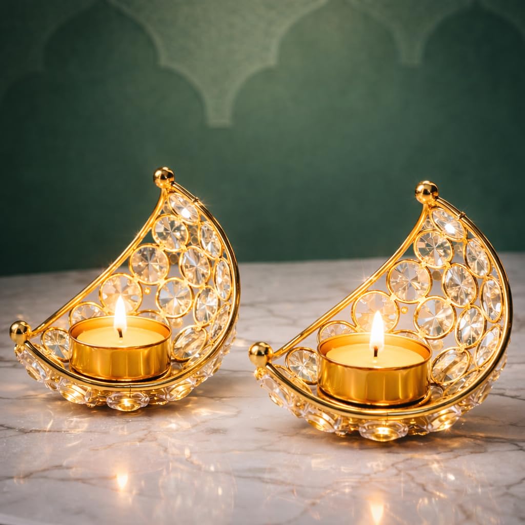 Moon Tea Light Holder, Candle Holder, Crystal Candle Holder, Metal Lanterns, Table Decoration for Wedding Party, Ramadan, Diwali Decoration (Pack of2) (Gold, Gold (Pack of2))