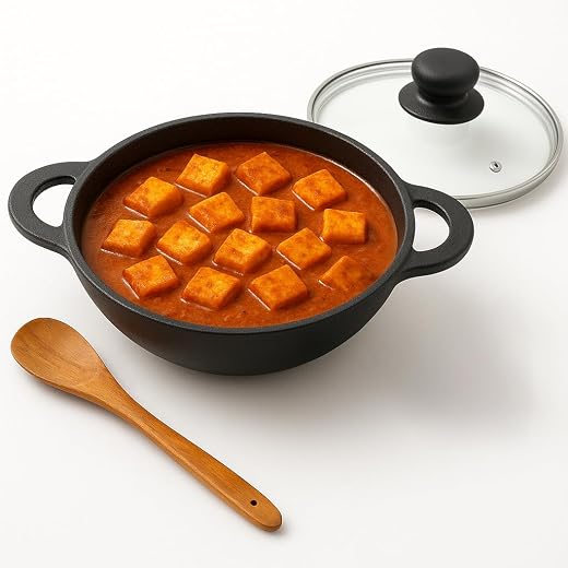 Lifelong Cast Iron Kadhai 20cm with Glass Lid &amp; Wooden Spatula | 1.8L, 2.08kg | Pre-Seasoned, Even Heat Distribution, Toxi...