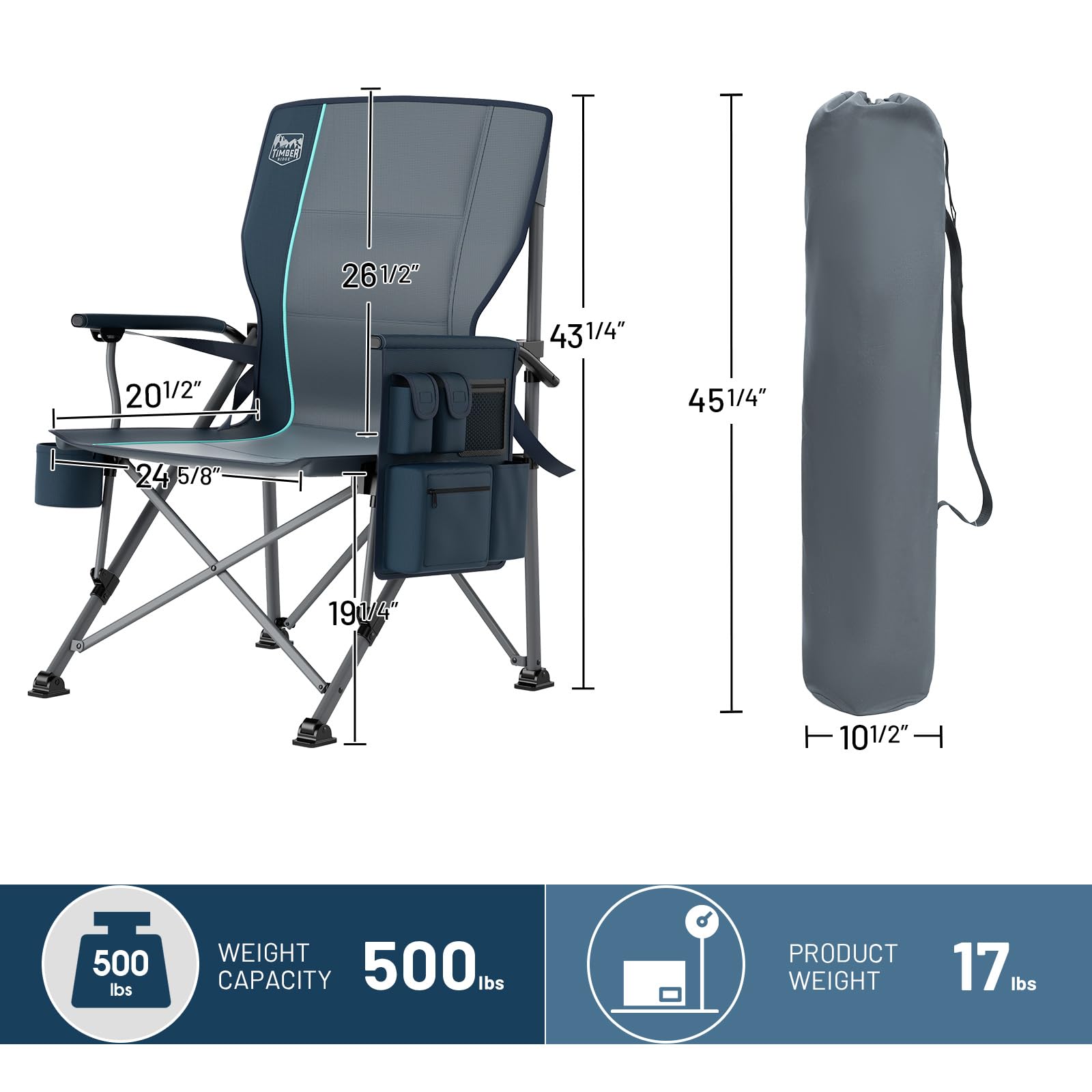 TIMBER RIDGE Oversized Folding Camping Chair with Lumbar Support Adjustable High Back Heavy Duty for Adults Support up to 500lbs with Cup Holder, Cooler Bag, Side Pocket, Blue
