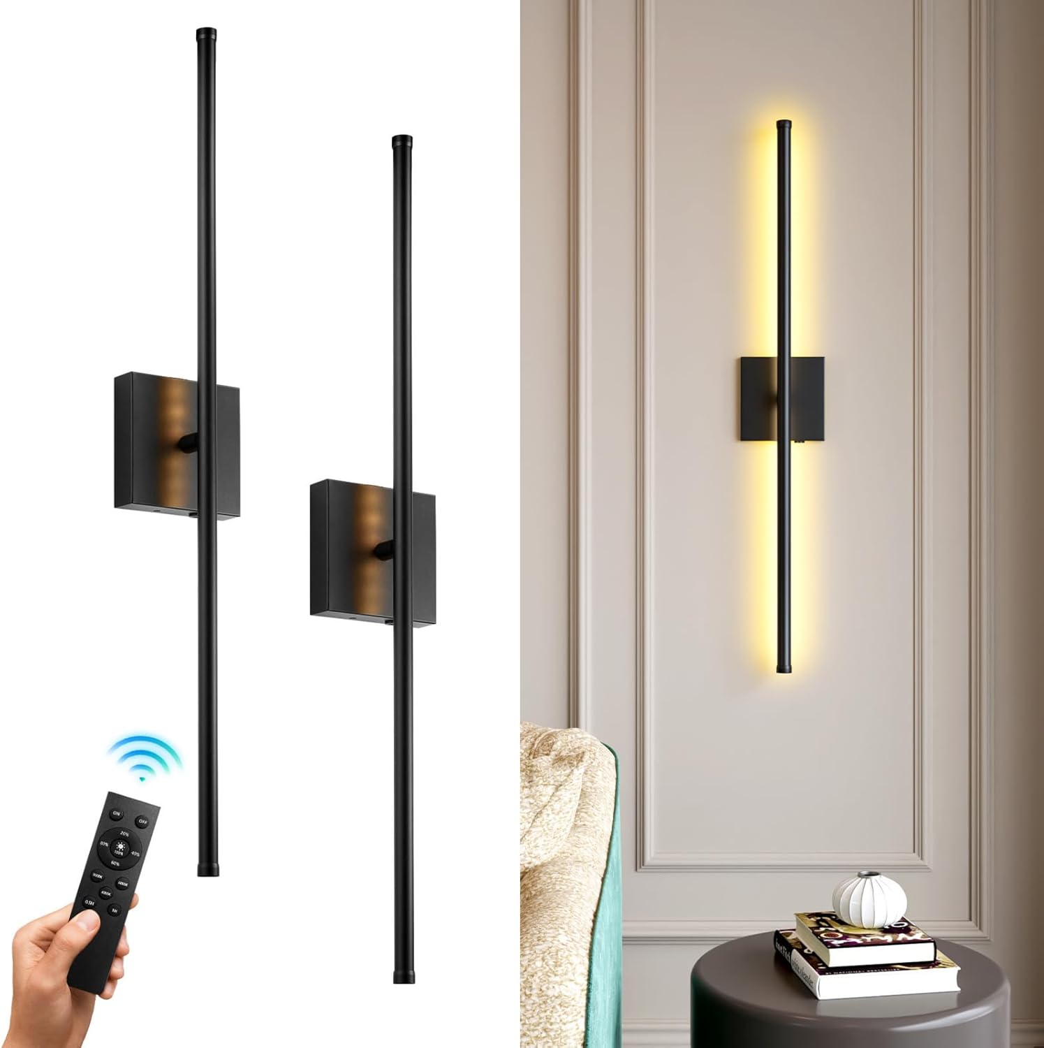 Battery Operated Wall Sconce Set of Two 27.9inch,Wireless Rechargeable Wall Sconce with Remote,Dimmable 350°Rotate Cordless Wall Lamp Indoor Light for Living Room, Hallway, Bedroom