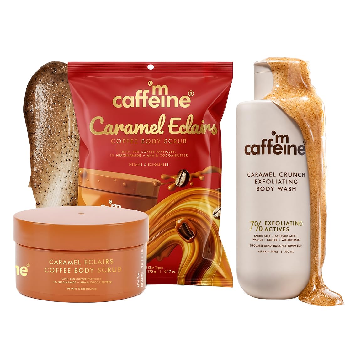 mCaffeine Smooth Skin Duo | Caramel Crunch Exfoliating Body Wash & Eclairs Coffee Scrub | 7% Exfoliating Actives | 10% Coffee Grounds, AHA- Glycolic & Lactic Acid | Softer, Tan-Free Skin | Caramel Fragrance-image-34