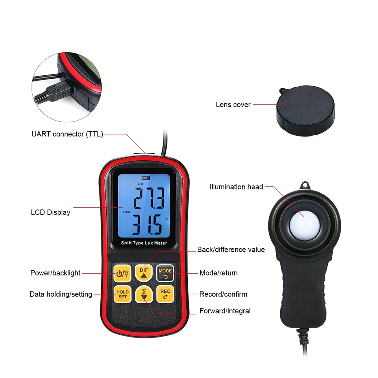 Luxmètre Numérique BT Photomètre Type Divisé LCD Illuminomètre Portable Compteur De Lumière Connexion Application Mobile Mode Maintien des Données Mesure Précise De La Lumière