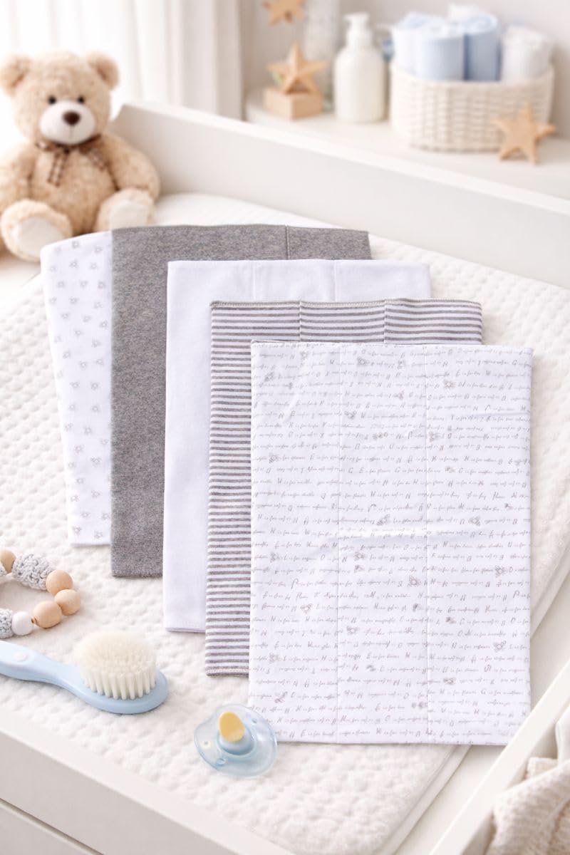 TuddyBuddy Baby Burp Cloth Towel Napkins for Baby Large 17x12 Inches, Fine Double Layer 100% Cotton (5 Pcs Burp Towels, Grey Bees)