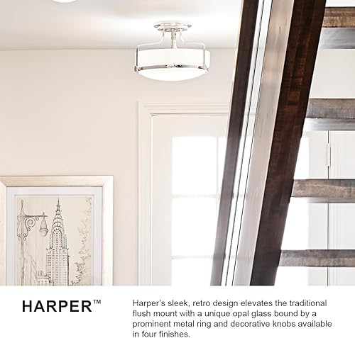 Miniatura 2 de Hinkley Harper 3640CM-CS - Lámpara de techo pequeña empotrada, diseño retro, anillo de metal prominente, pomos decorativos, cromo + vidrio semillero