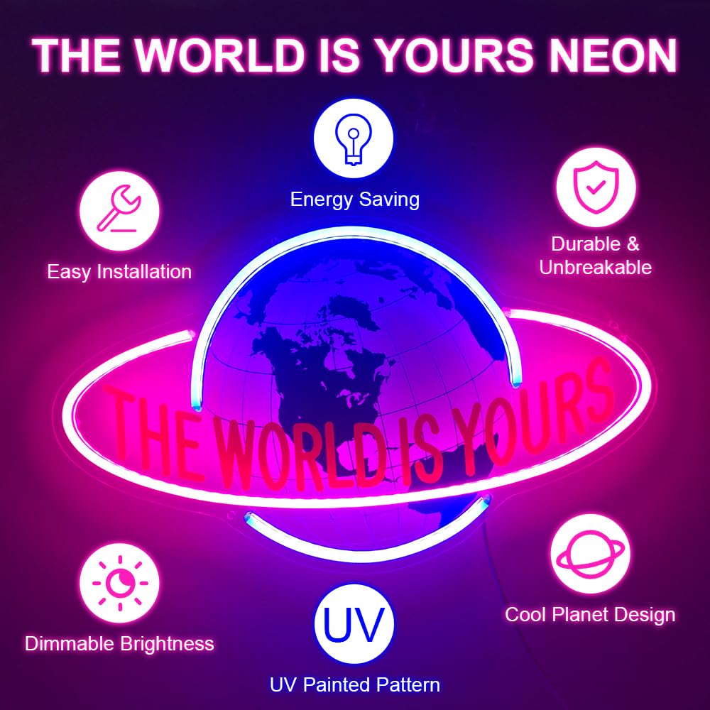 THE WORLD IS YOURS Neon Sign for Wall Decor, Cool Planet Design for Bedroom, Game Room, Girls Room, Dimmable LED Word Lights for Office, Graduation Party, Birthday Gifts 15.7