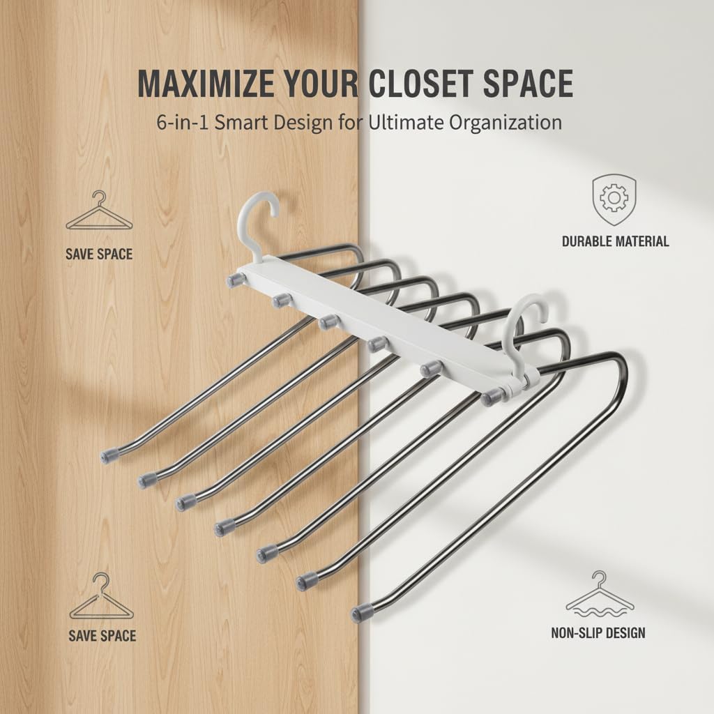 Sakerplus Pants Hangers 6-Layer Foldable Trouser Rack, Space Saving Closet Organizer, Non-Slip Clothes Hangers for Pants, Multi-Functional Hanging Closet Organizer for Closet Organization (2)