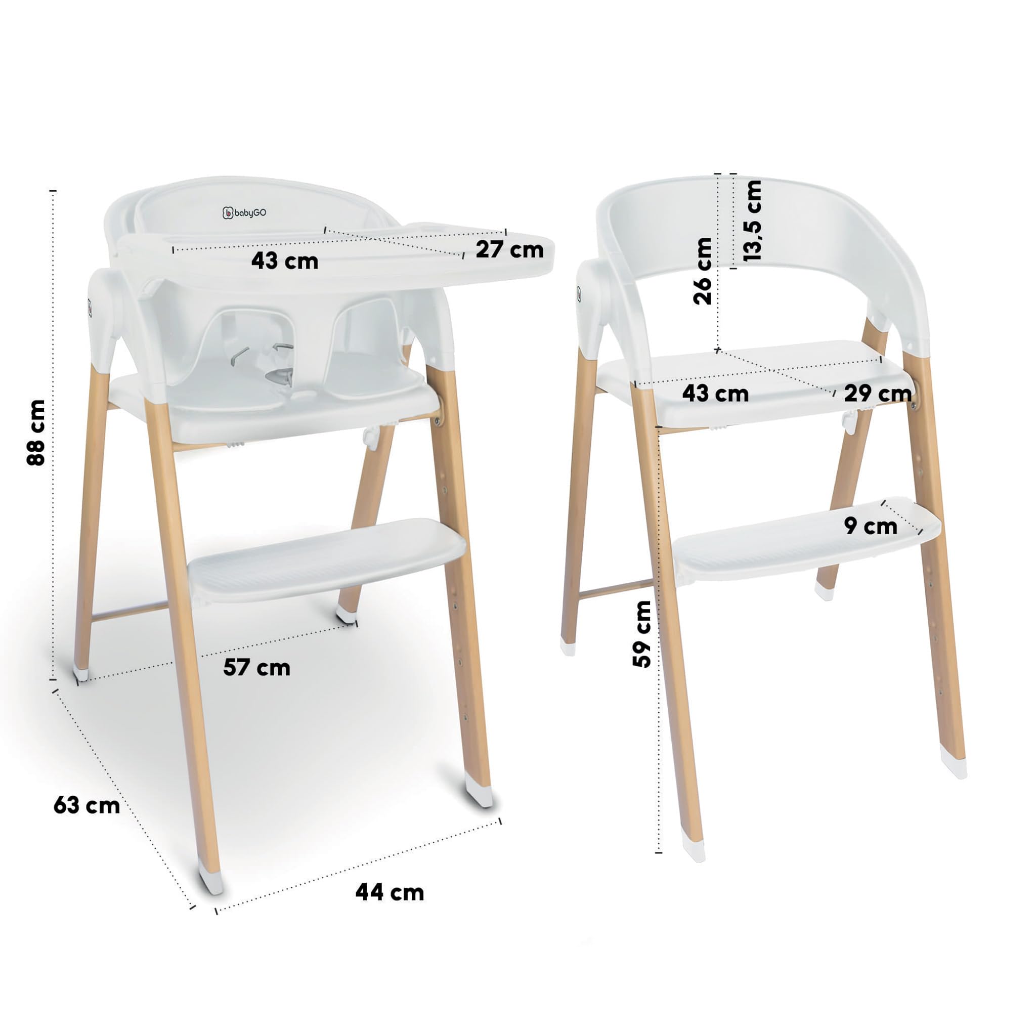 babyGO Levels Hochstuhl Newborn – mitwachsender Hochstuhl, klappbar, belastbar bis 110 kg, verstellbare Fußstütze, abnehmbarer Tisch (Weiß)