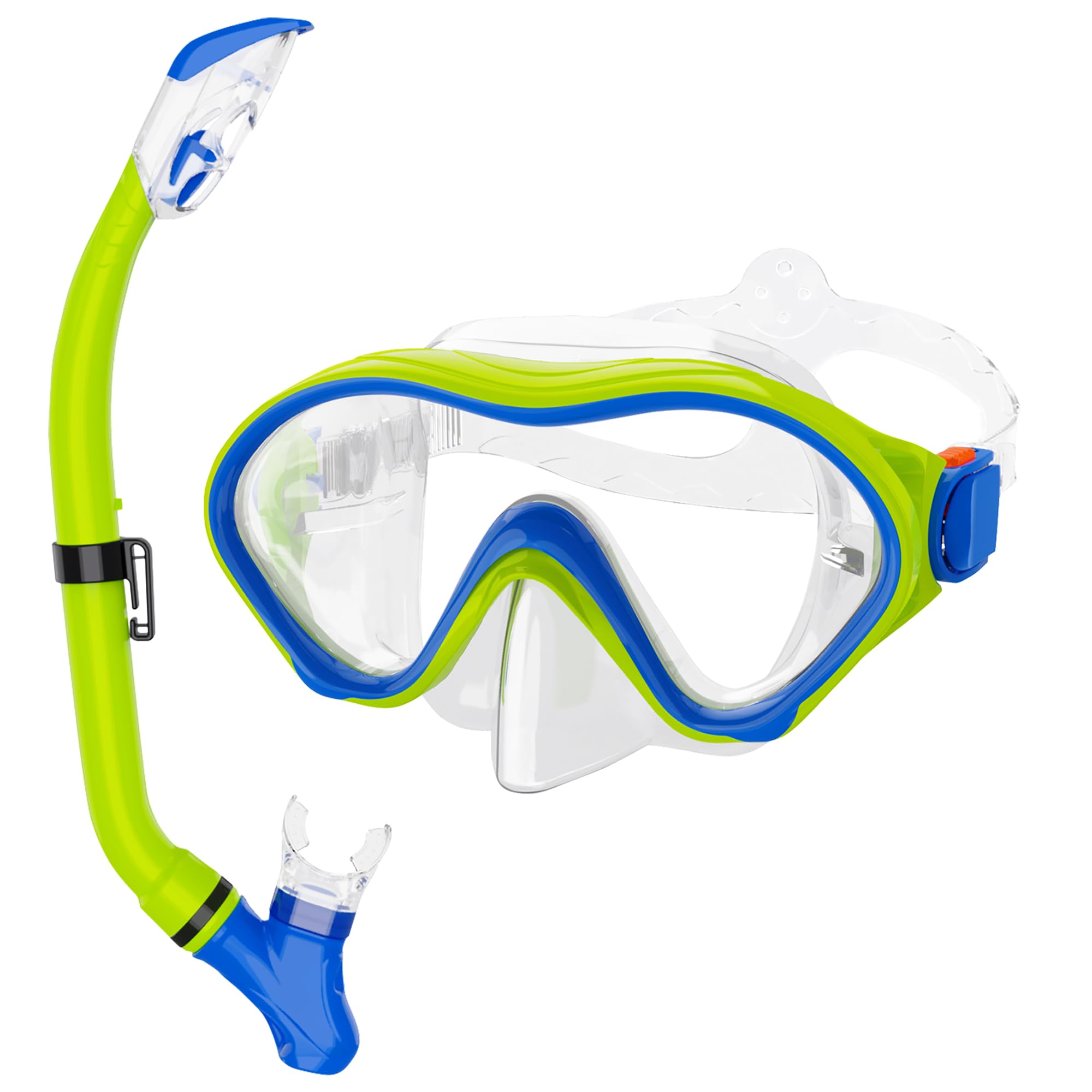 Snorkeling Gear for Kids with Foldable Silicone Full Dry Snorkel, Kids Snorkel Set Anti Leak Youth Junior Snorkeling Package Diving Mask Soft Tube with Mesh Bag Swimming Goggles, Yellow+Blue