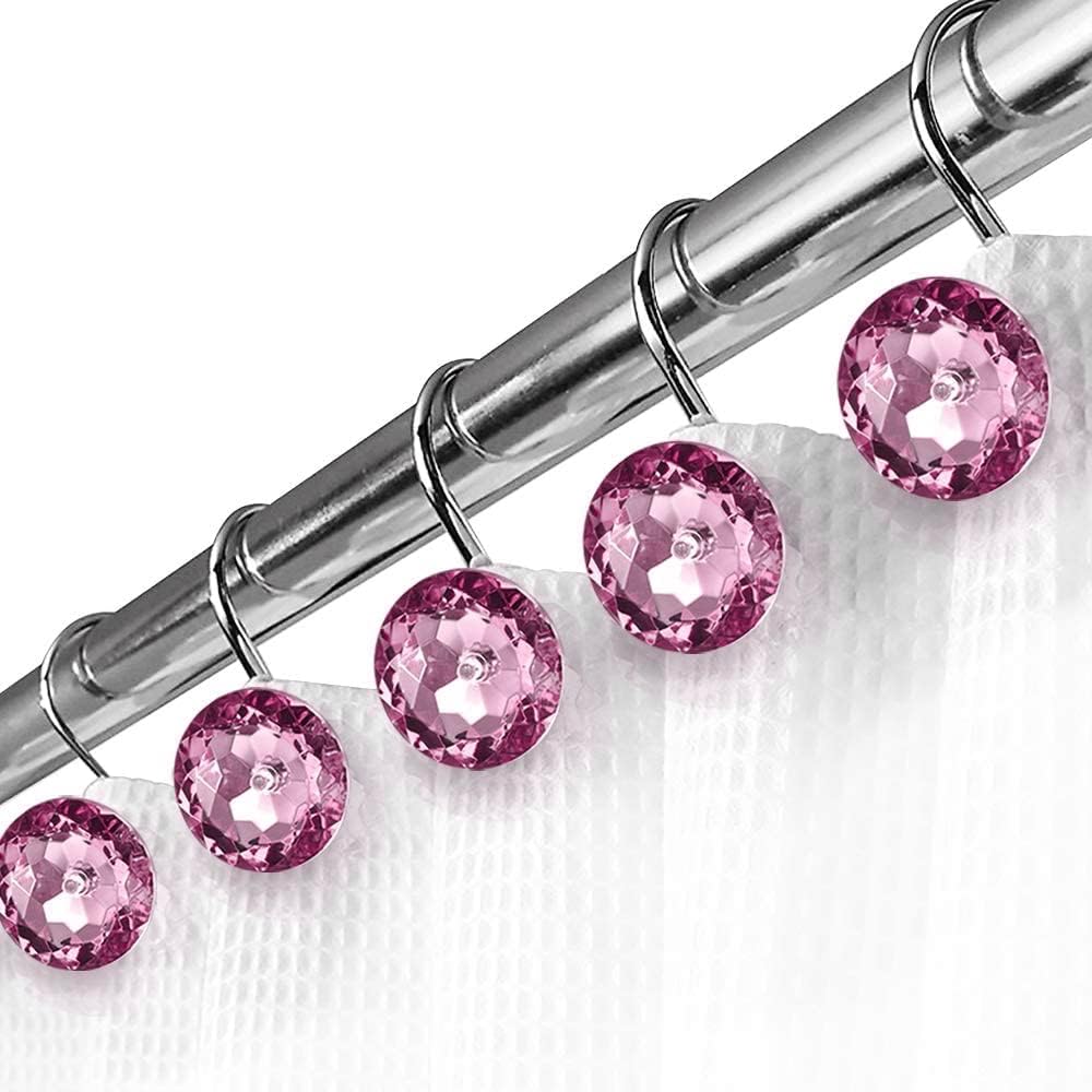 Shower Curtain Hooks,iiEASEST Acrylic Crystal Rhinestone Gem Shower Curtain Hook Decorative Shower Hooks Cute Diamond Jewel S Hooks for Liner and Curtain Camper Bathroom Kids Girls Set of 12 (Pink)