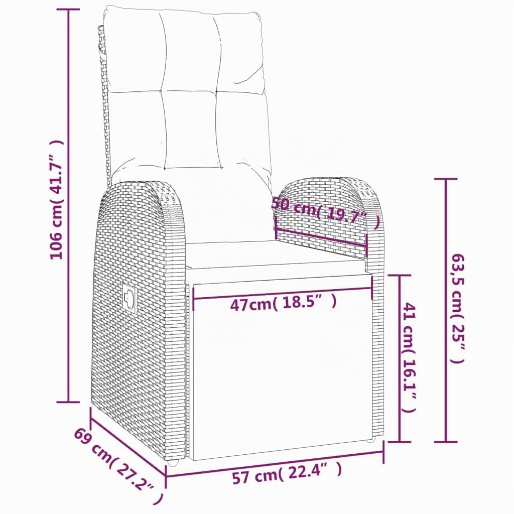 vidaXL Sedia da Giardino Reclinabile con Cuscino in Polyrattan Nero