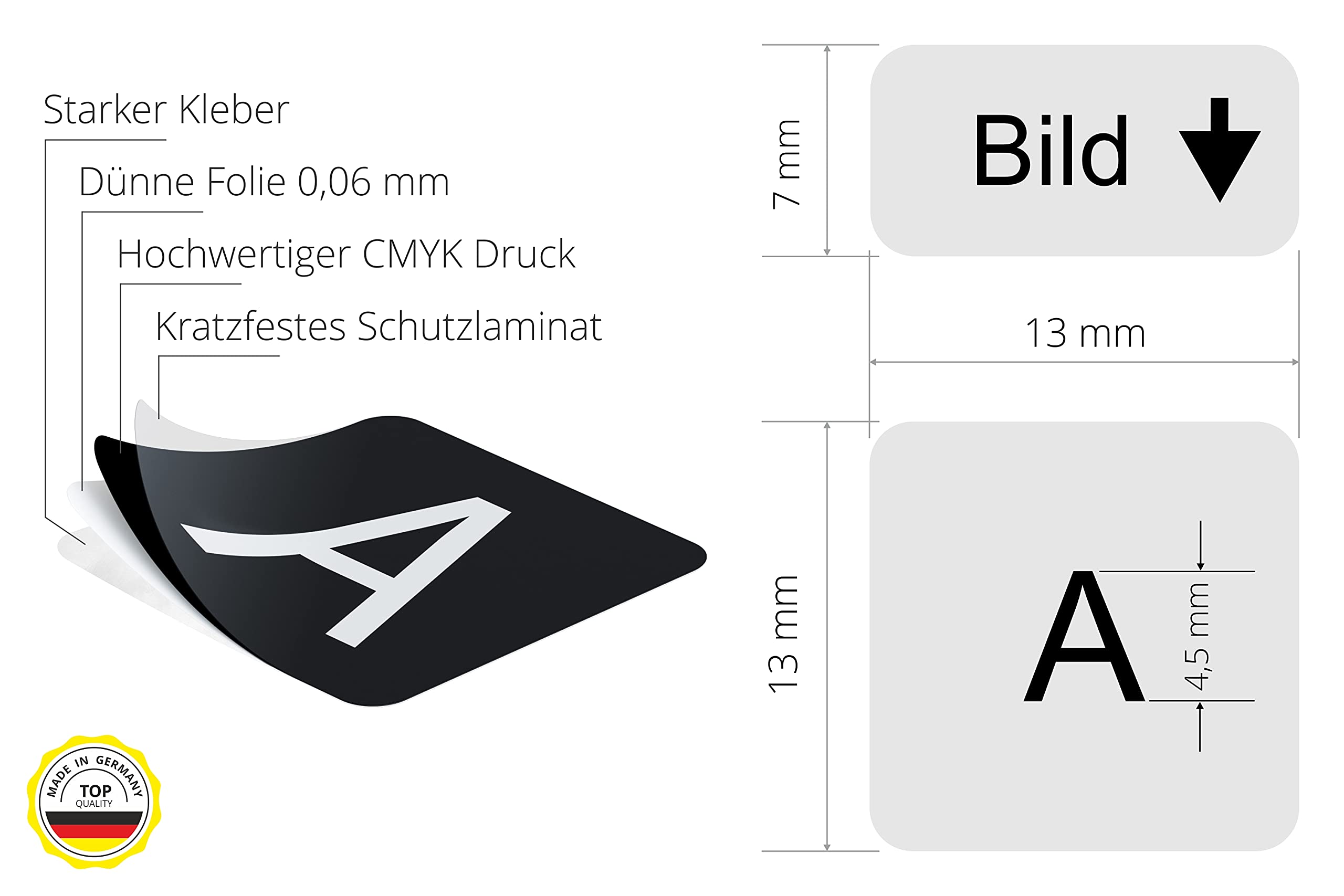 Adhesivo para teclado alemán para PC y portátil con codificación de color para sistema de 10 dedos, incluye teclas adicionales (13 x 13 mm)