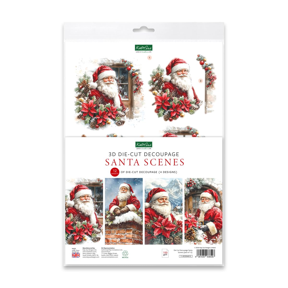 Katy Sue Die Cut Decoupage – Santa Scenes Pack of 12, Makes 12 Christmas Card Toppers, 4 Traditional Santa Designs, 3D Die Cut Decoupage