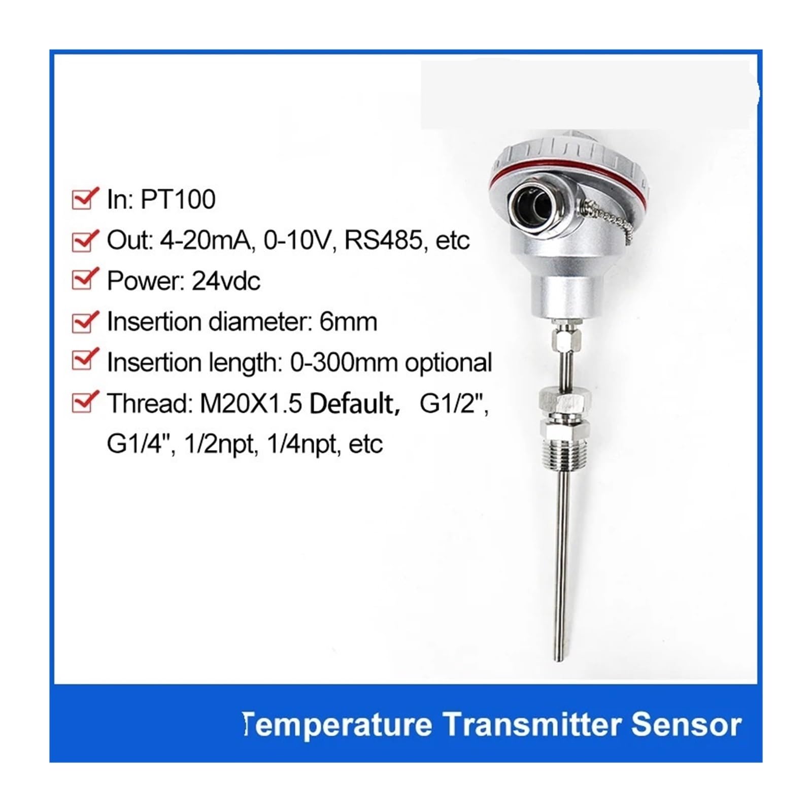 Sensor de Temperatura de Control de Temperatura del Calentador de Resistencia térmica PT100(0-100 Degree 4-20mA)