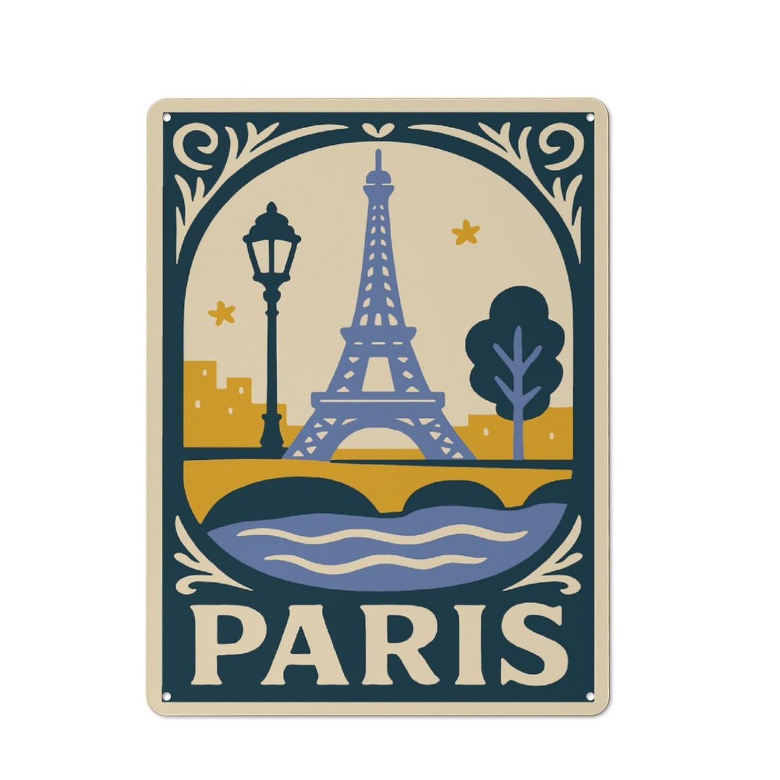 Classic Vintage Metal Sign 40x30cm Featuring Paris Illustration with Eiffel Tower, Home Bar Decor for Cafe, Pub, Workshop Or Home Bar