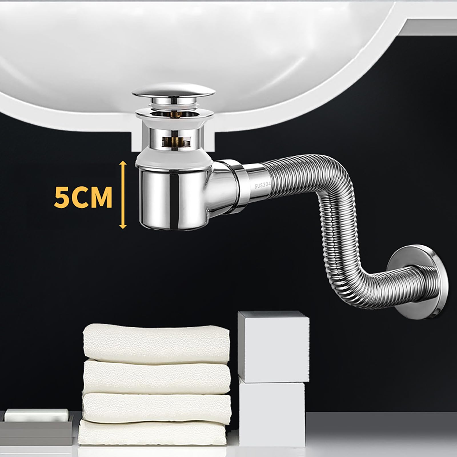 Sifone di scarico flessibile per lavello con troppopieno a prova di odore, raccordi per tubi di scarico da 3,8 cm, facile da installare, soluzione di drenaggio per cucina e bagno