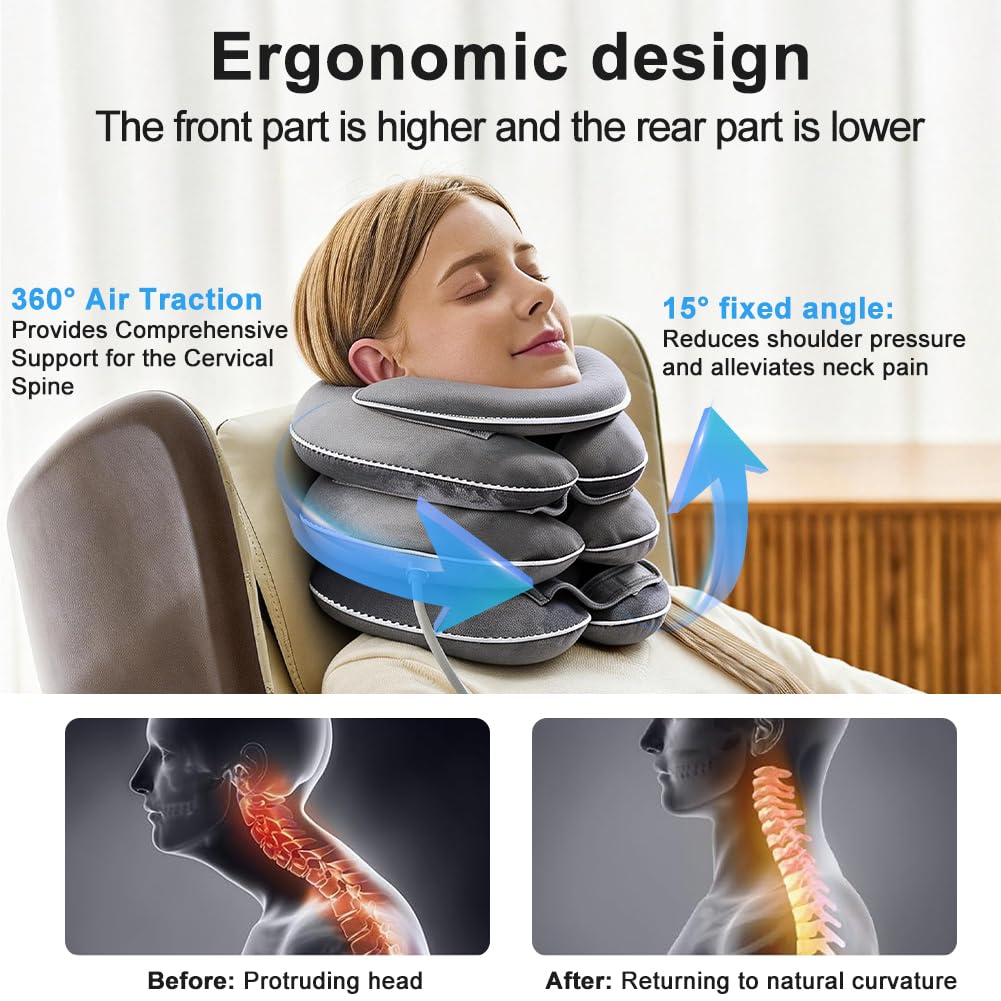 Estensore Collo Gonfiabile per Trazione Cervicale - Collare per Trazione Cervicale Gonfiabile, Design di allungamento a 3 strati, Supporto mento e collo, Sollievo istantaneo dal dolore