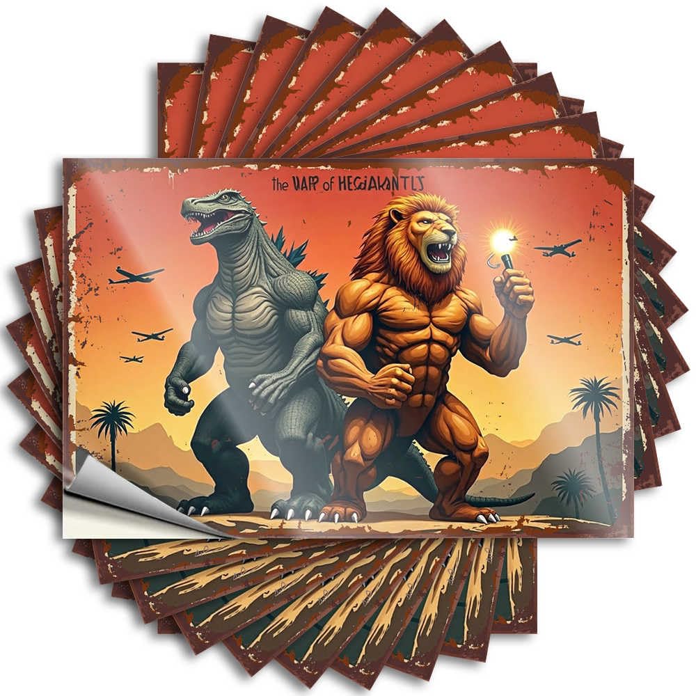 Aesthetic, Decal Water War of The Giants: Lion Vs. Godzilla | Paw Backyard Accessories(8X12CM)