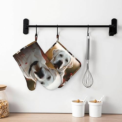 Miniatura 7 de Juego de guantes de horno y soportes para ollas con estampado de labrador blanco, resistentes al calor, antideslizantes, guantes de horno y