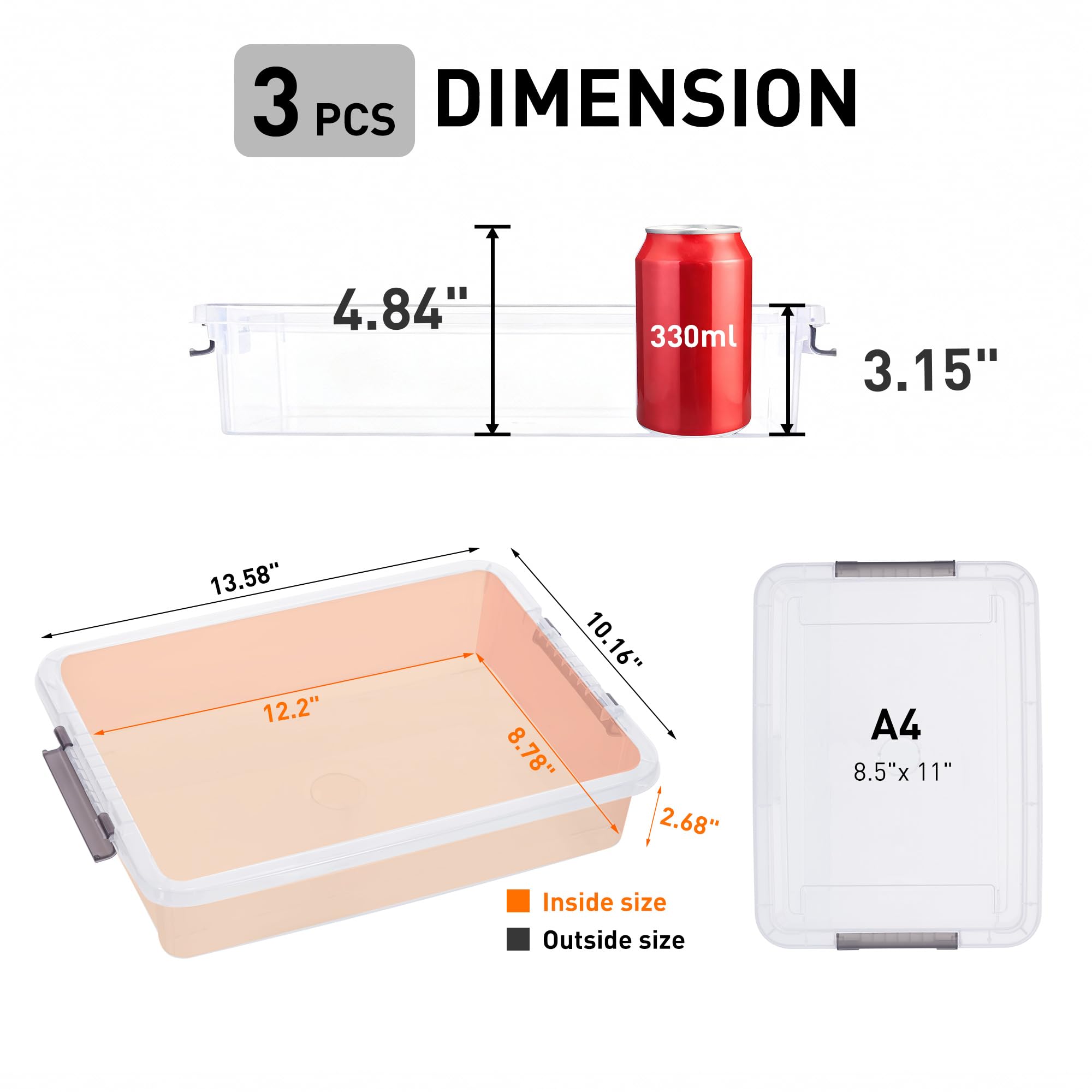 Citylife 3 PCS Plastic Storage Bins with Latching Lids Portable Project Case Clear File Box Stackable Storage Containers — view 2