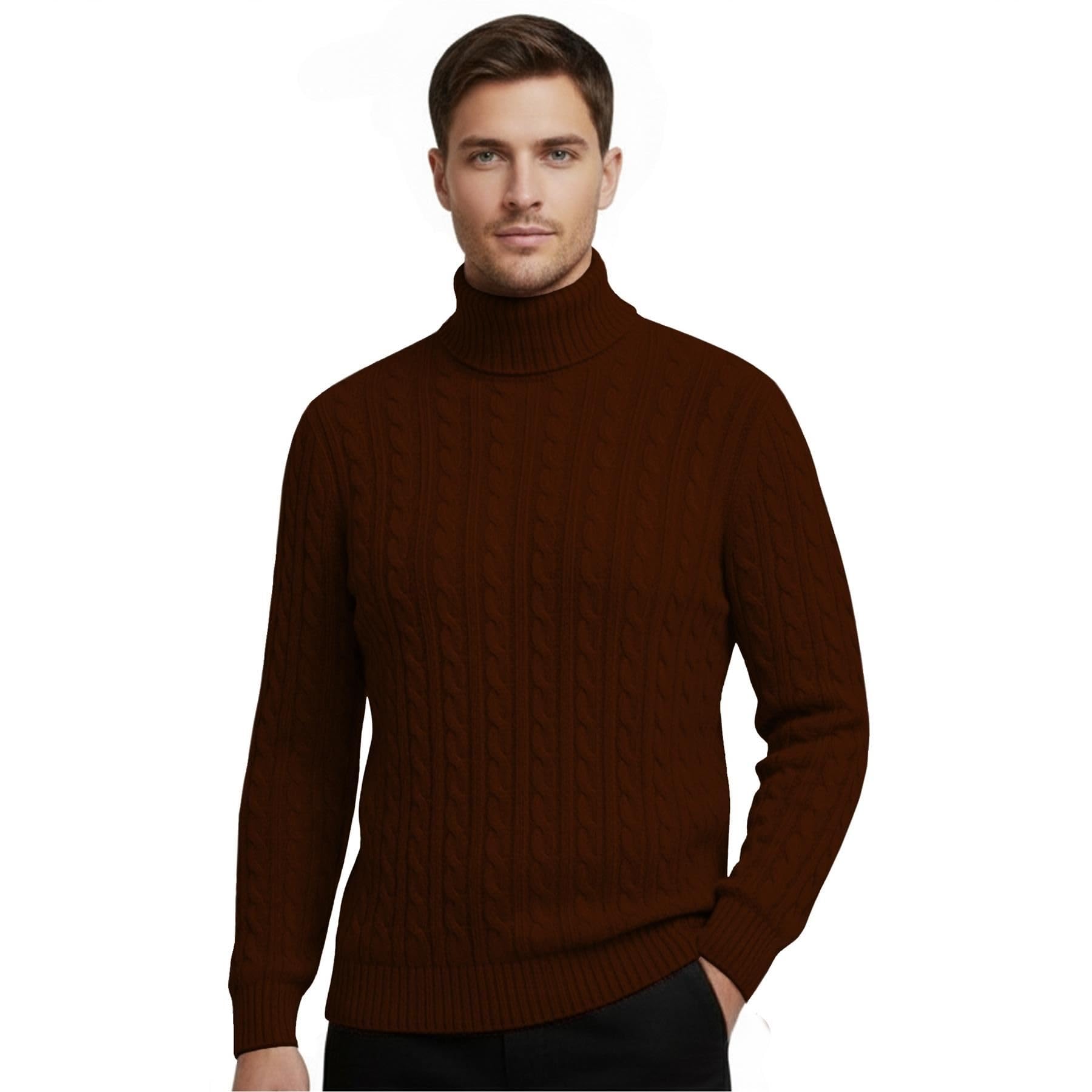 Hamishkane Mens High Polo Roll Neck Jumper, Cable Knitted Long Sleeve Turtle Neck Sweaters, Casual Pullover Winter Jumpers for Men UK Brown