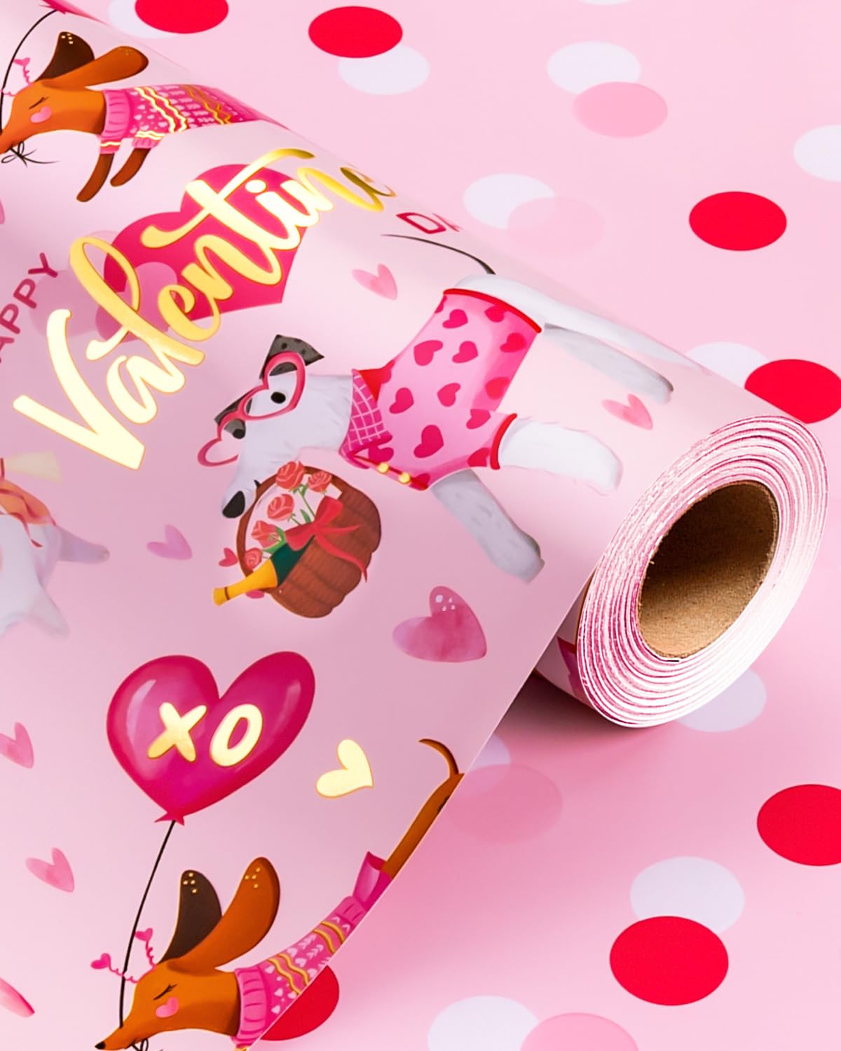 Wikadlik Sweet Dog Wrapping Paper Roll - 43cm x 10m Pink Polka Dot Design Gift Wrap Paper for Valentines Day, Anniversary, Mothers Day, Wedding
