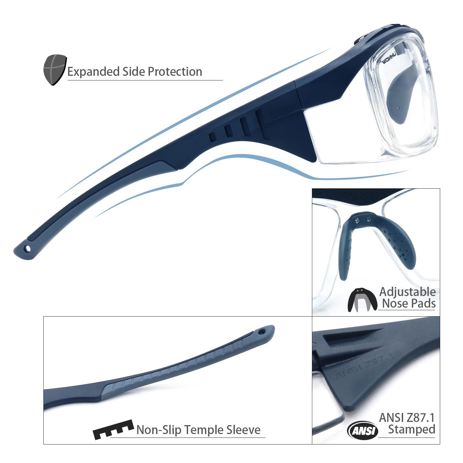 UKNOW Gafas de seguridad antivaho, protección ocular con lentes transparentes de protección UV y protectores laterales, gafas protectoras ANSI Z87.1