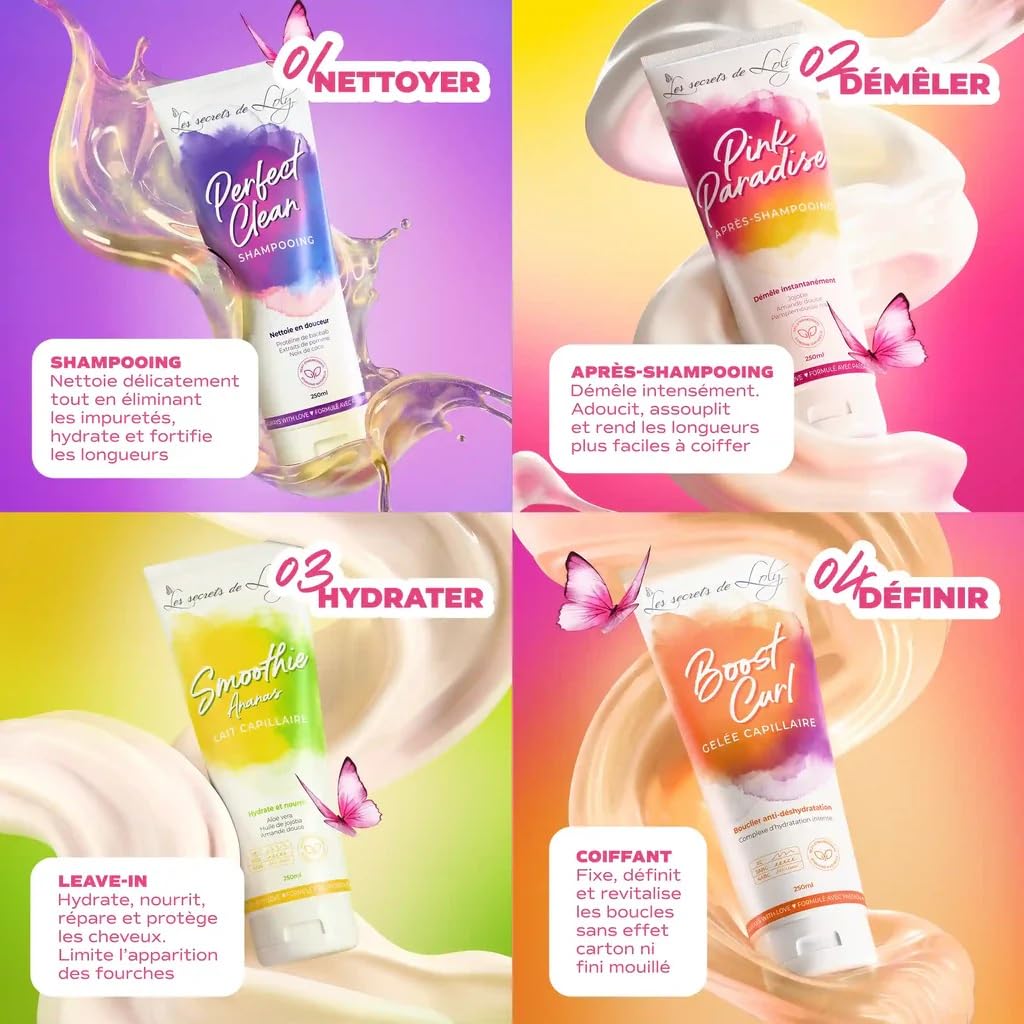 Les Secrets de Loly – Routine Cheveux Frisés – Coffret 4 Étapes : Shampooing, Après-Shampooing, Lait Smoothie Ananas & Gelée Boost Curl – Structure & Hydratation – Vegan 97% Naturel – 4 x 250 ml