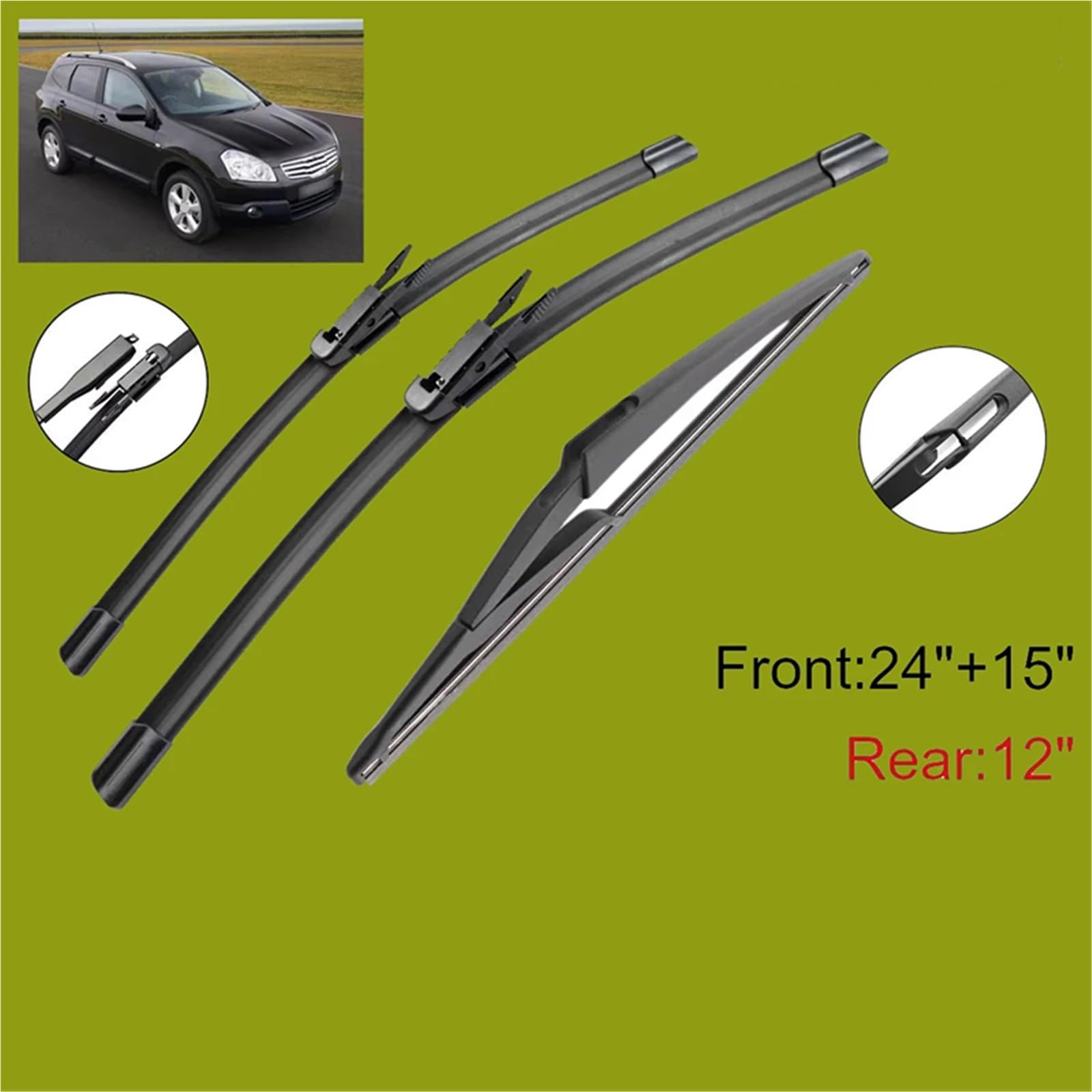 Ersatzwischerblatt Kompatibel Mit Nissan Für Qashqai Für J10 2006–2013 Wischerblätter Vorne Und Hinten 3 Stück Zubehör Windschutzscheibe Fensterschneider 24 Zoll+15 Zoll+12 Zoll