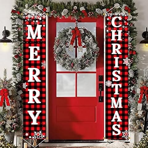 Ivenf Christmas Decorations Outdoor Yard Front Porch Sign Set, Red Black Buffalo Plaid Door Banner, Hanging Merry Christmas Decorations for Home, Indoor Outdoor Xmas Decor Wall Front Door Yard Garage Cover