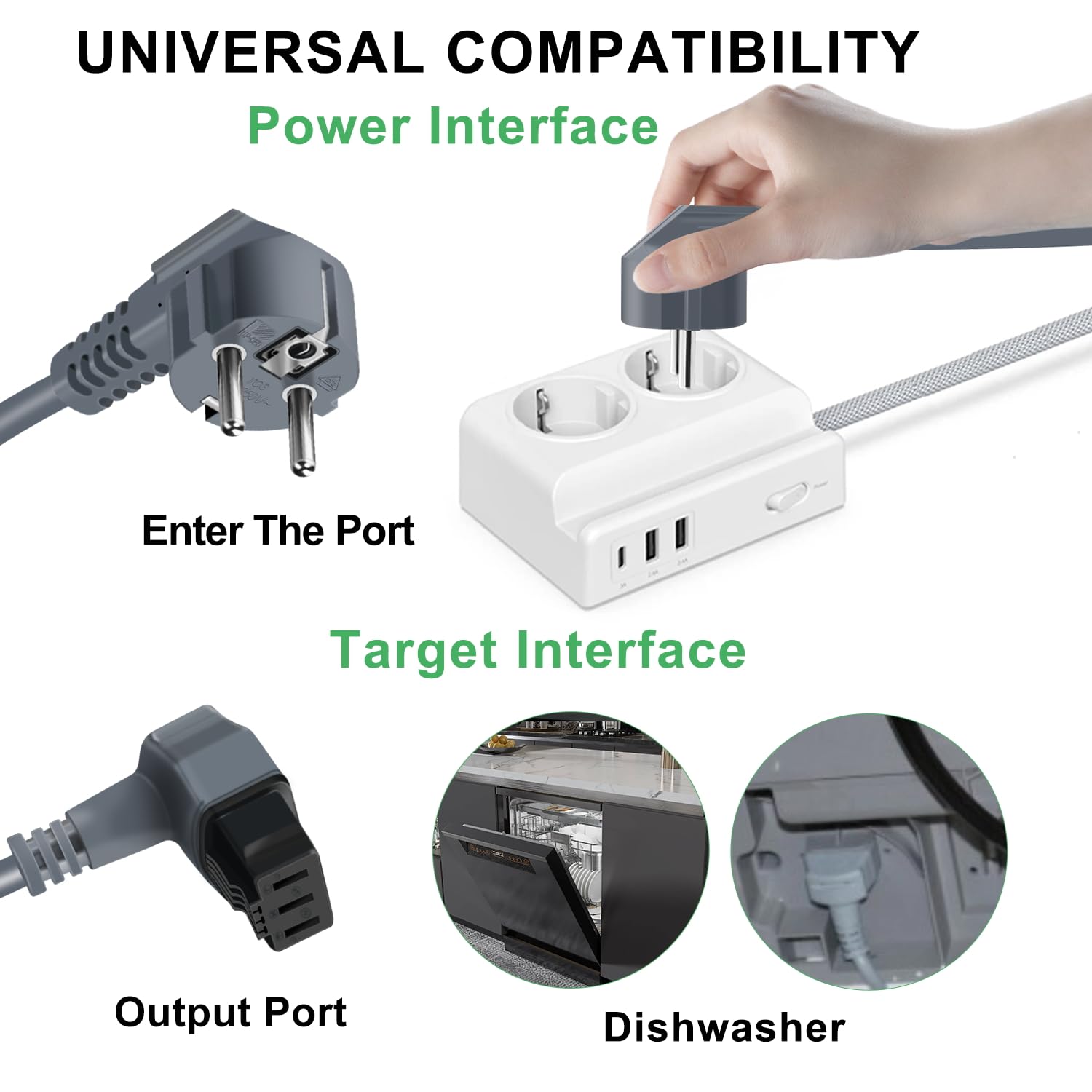 Cable Lavavajillas 10A 250V Cable de Alimentación para Lavavajillas Compatible con Bosch,Siemens, Recambio 645033 00645033 Aplica a Balay, Gaggenau, Neff, Gorenje, Pitsos (1.8m)