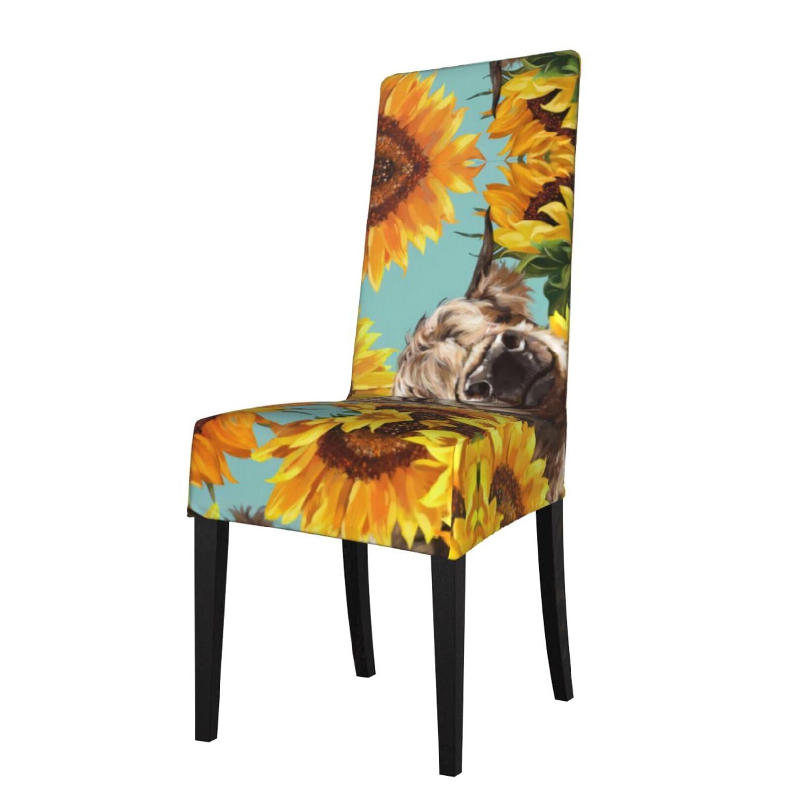 YYHHAOFA Cow with Sunflowers in Blue Prints Protection Cover for Dining Chair - Stretch Slipcovers, Easy Refresh for Your Dining Room & Event Decor