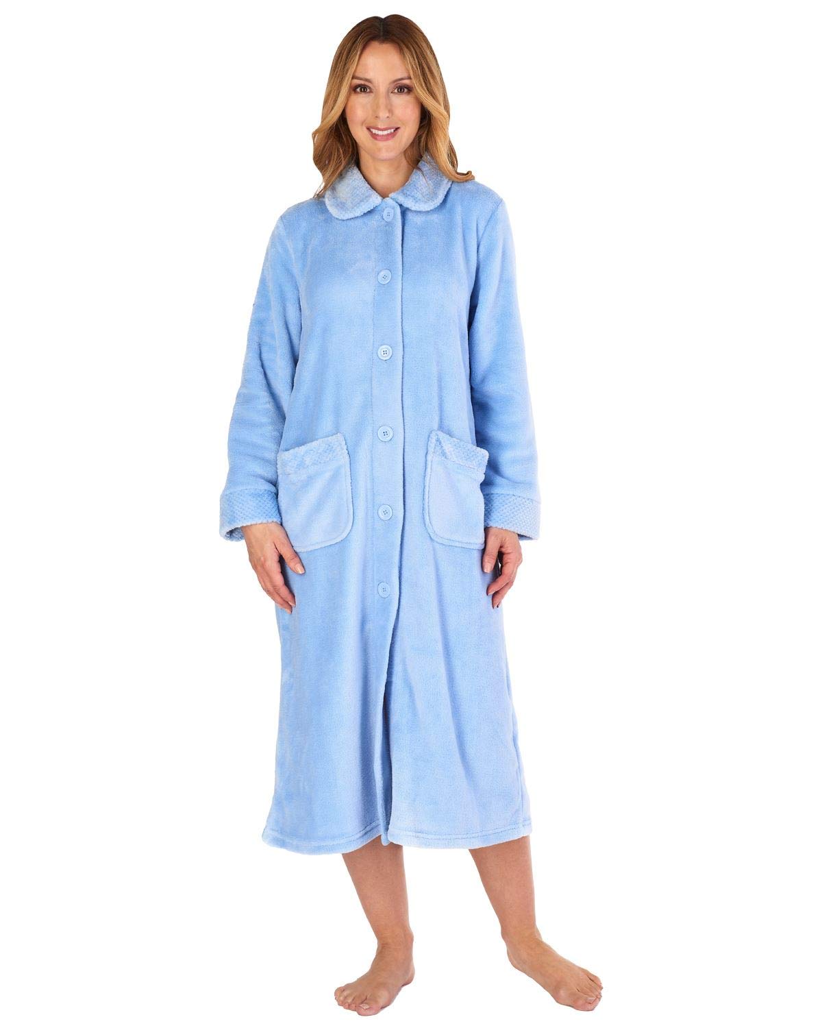Slenderella Ladies Button Up Coral Fleece Dressing Gown Bath Robe with Waffle Detail XXL (Blue)