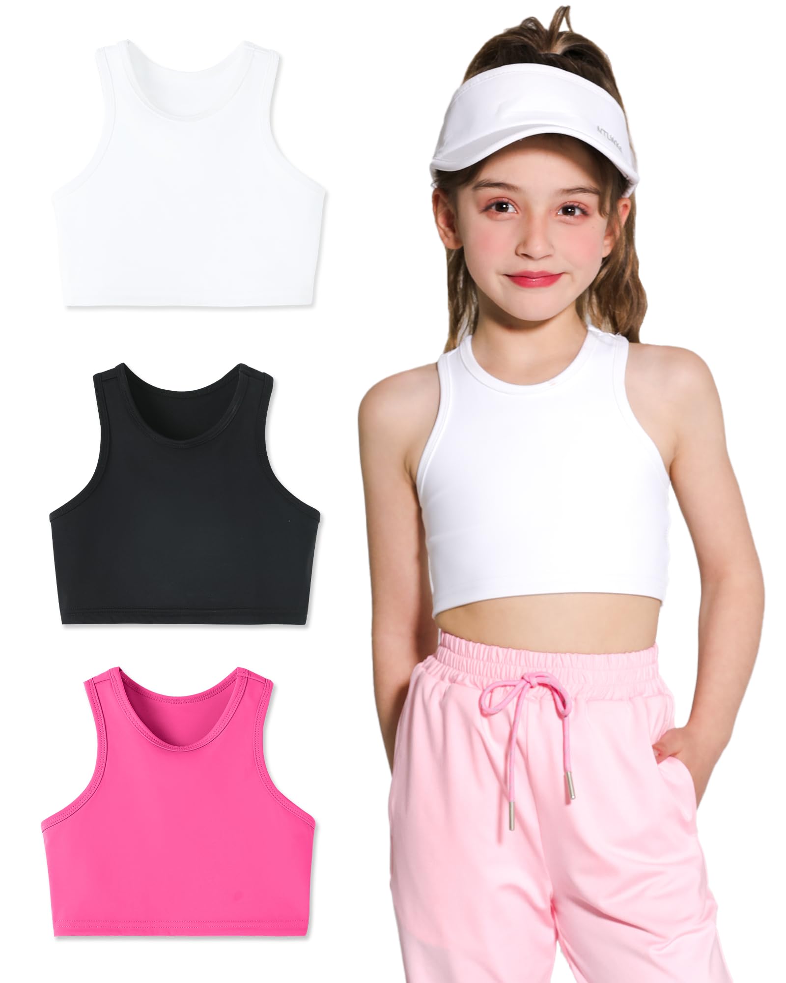 Girls Sports Bra Racerback Crop Tank Top for Kids High Neck Sleeveless Athletic Dance Top Teen 3-12Y