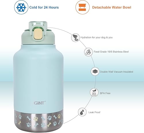Miniatura 5 de GiNT Botella de agua aislada de acero inoxidable para perros y seres humanos de 37 onzas  Dispensador de viaje a prueba de fugas con cuenco