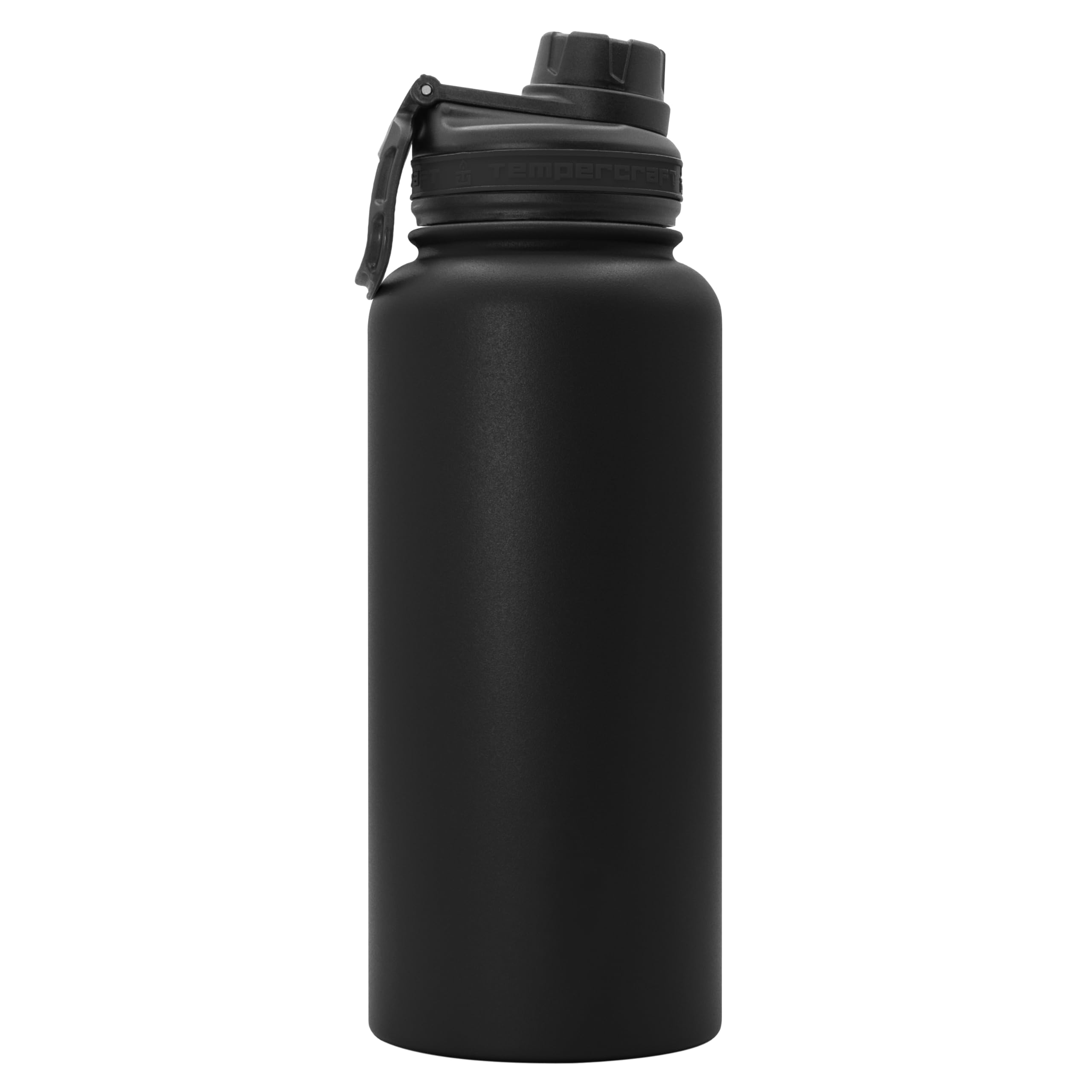 Tempercraft 32 oz Vacuum Insulated Sport Bottle w/Laser Engraved Customization Options - Stainless Steel, Double-Walled, Wide Mouth (Black - Blank)
