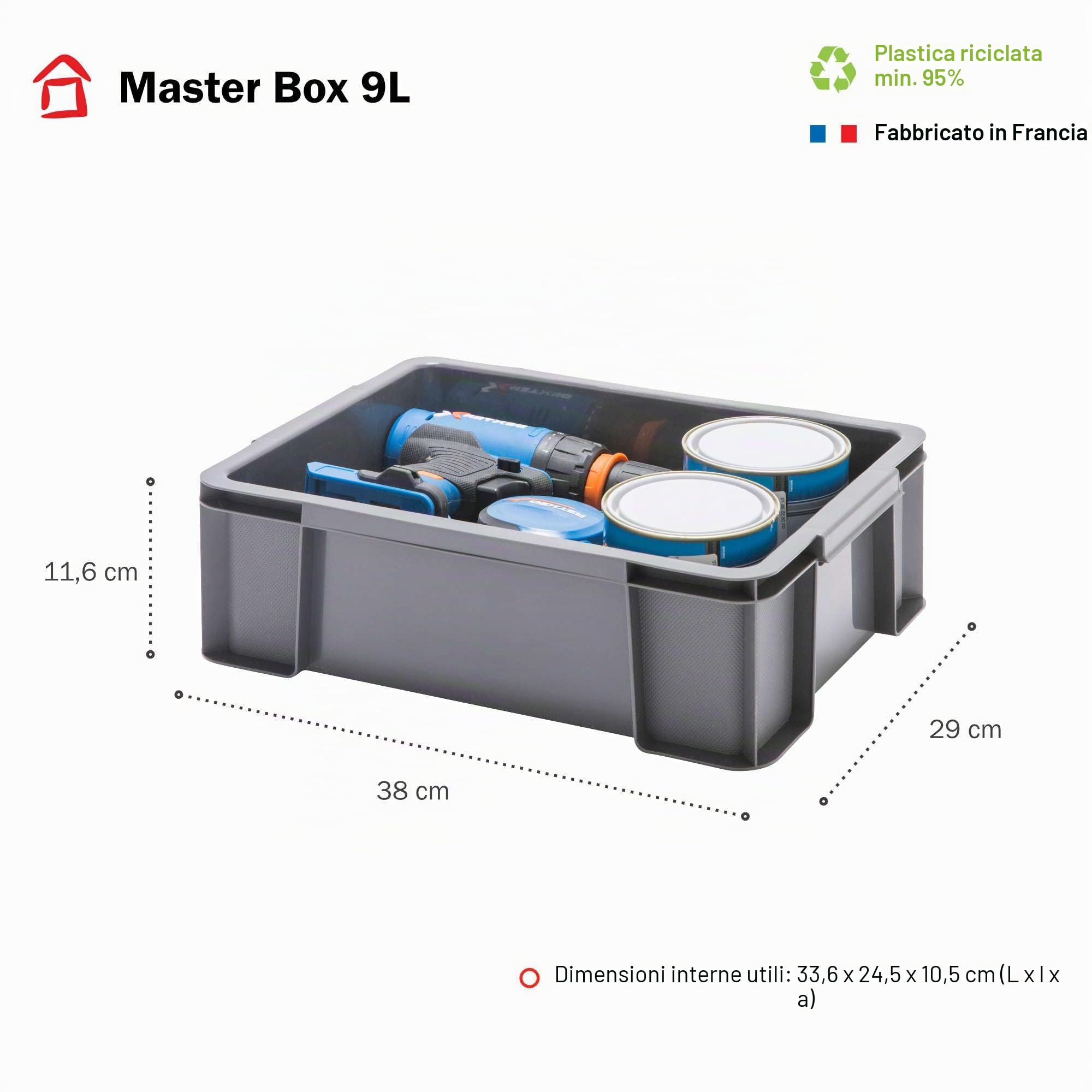 Sundis Master Box, scatola portaoggetti da 9L, in plastica riciclata, robusto e rinforzato, impilabili e combinabili, ideale per l'officina, il bricolage o il trasporto (Confezione da 5)