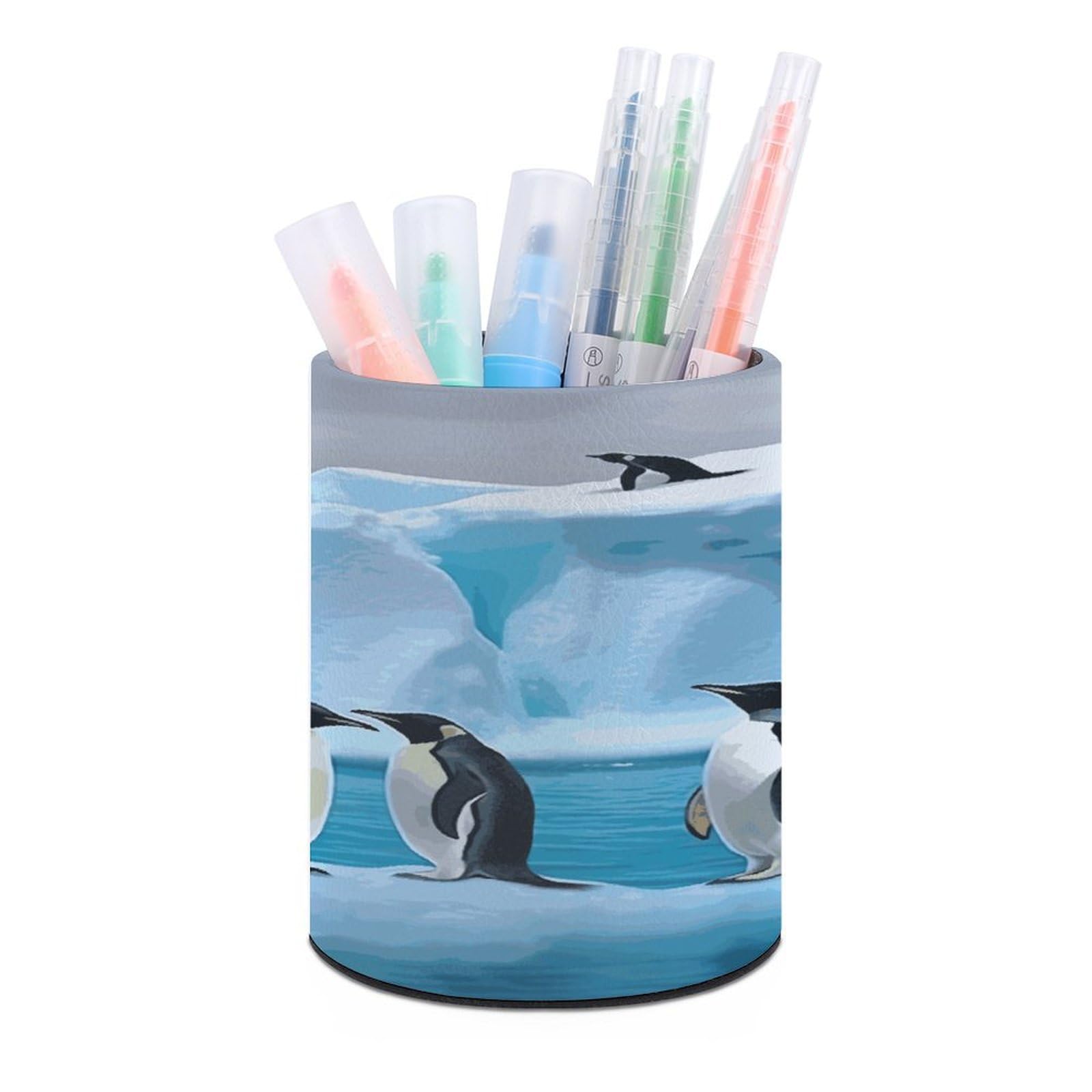 LDGSUPH Penguins On The Iceberg Round Pen Holder Leather Pen Cup Pencil Cup Pen Organizer Pencil Holder for Desk Organizer Pencil Organizers Makeup Brush Holders for Home Office Gift