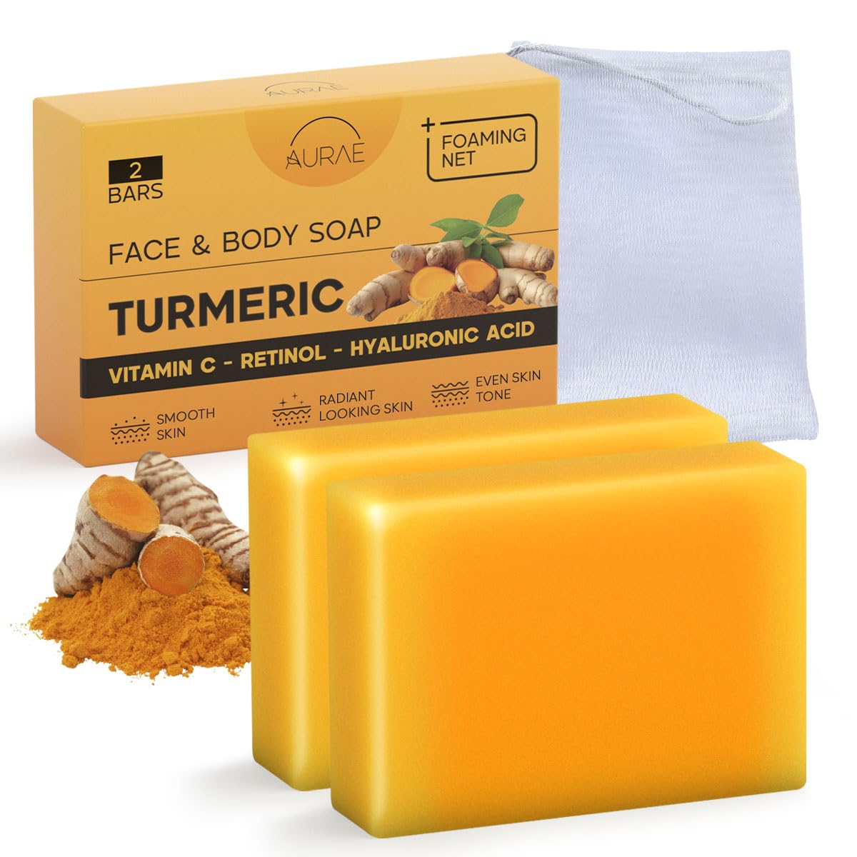 AURAE Turmeric Soap Bar for Clear Hydrated Skin Gentle Face Body Cleanser with Retinol Hyaluronic Acid Shea Butter