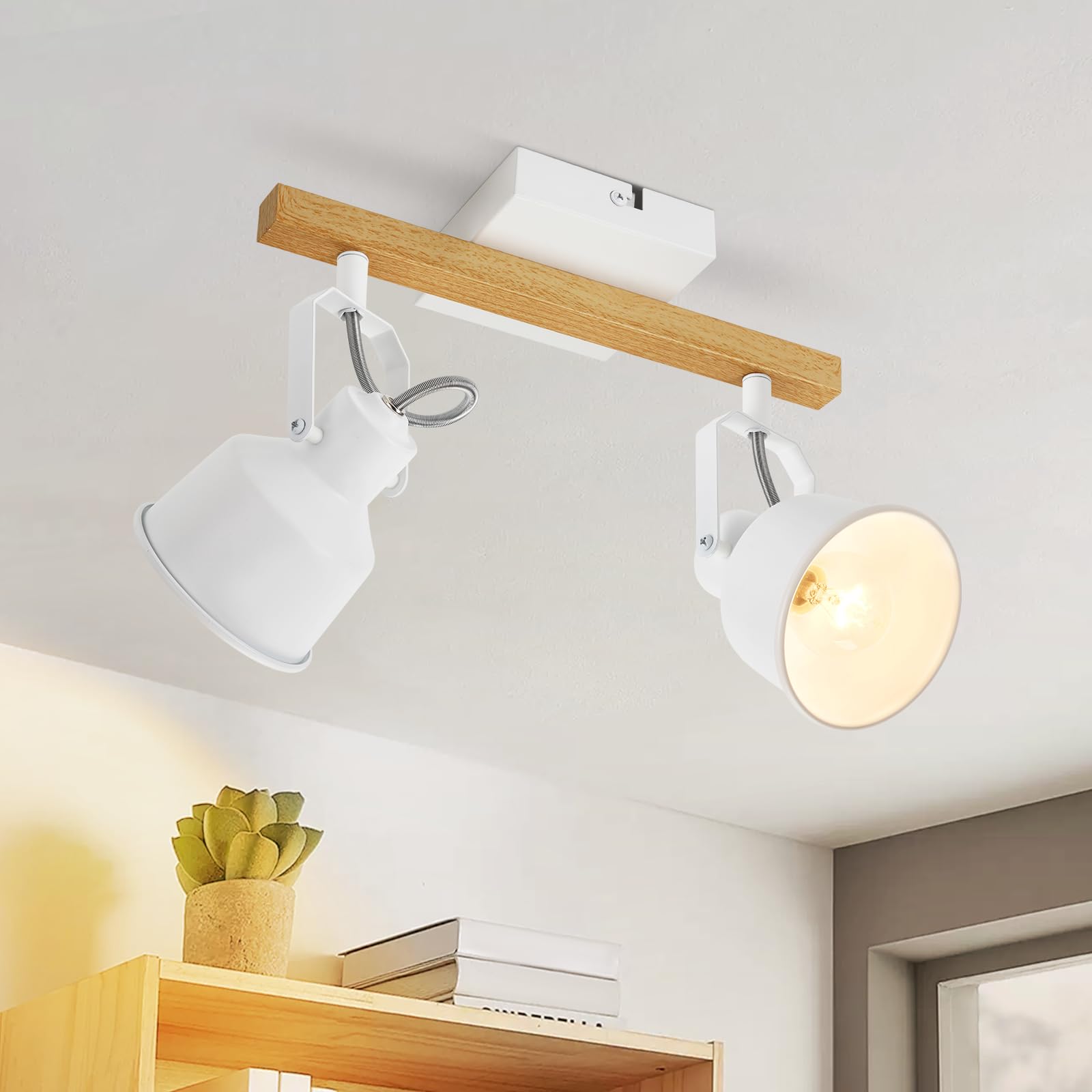 GBLY Deckenstrahler 2 Flammig Weiß: Deckenlampe Vintage Schwenkbar 350° MAX.25W E14 Fassung Industrial Holzmaserung Spotbalken für Wohnzimmer Schlafzimmer Büro (ohne Leuchtmittel)