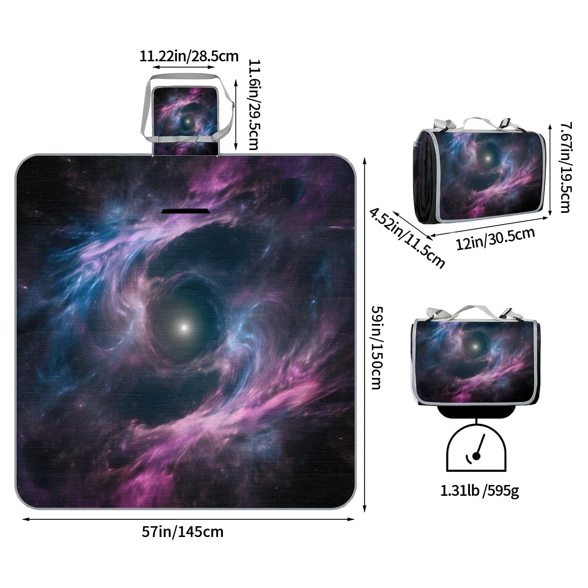 Manta de picnic de 150 x 145 cm, diseño abstracto de nebulosa galaxia, plegable, manta de playa para exteriores, impermeable, para playa, camping, senderismo, picnic