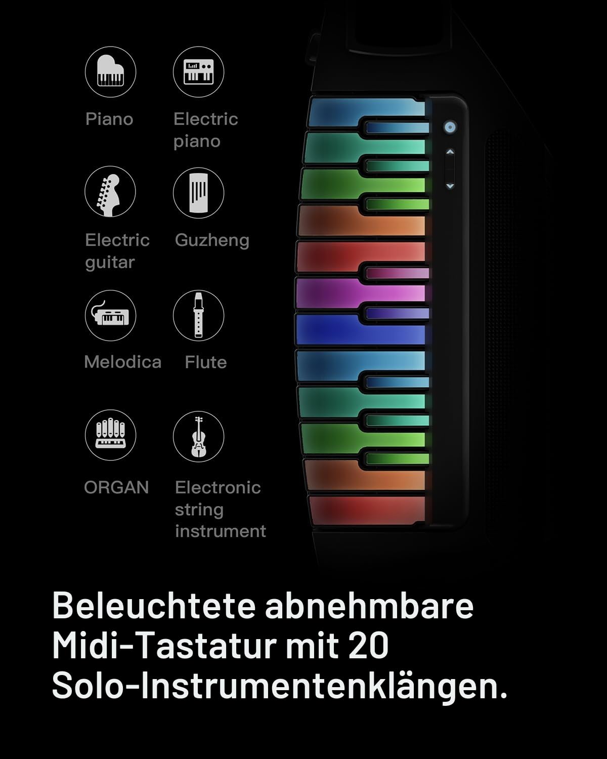 Enya Cyber ​​G - Smart Keytar mit beleuchteten Tasten, 24 Sounds, Drum & Bass, Bluetooth 5.2, integriertem Lautsprecher, USB-C OTG-Aufnahme, Akku, Tasche und Tragegurt