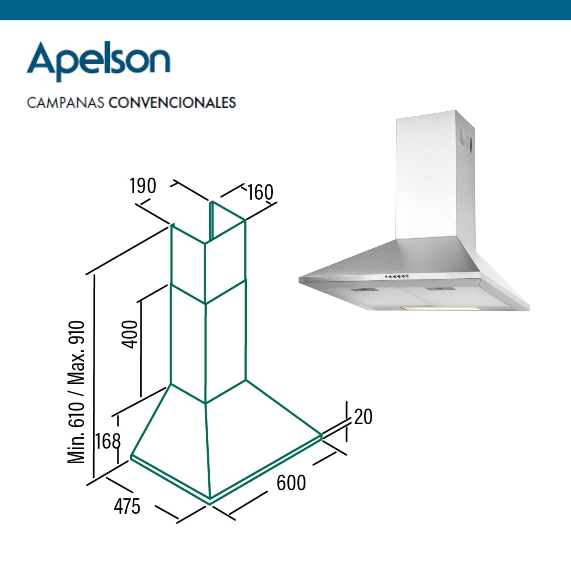 APELSON Helia 600 Cappa aspirante a parete Acciaio inossidabile 260m³/h D