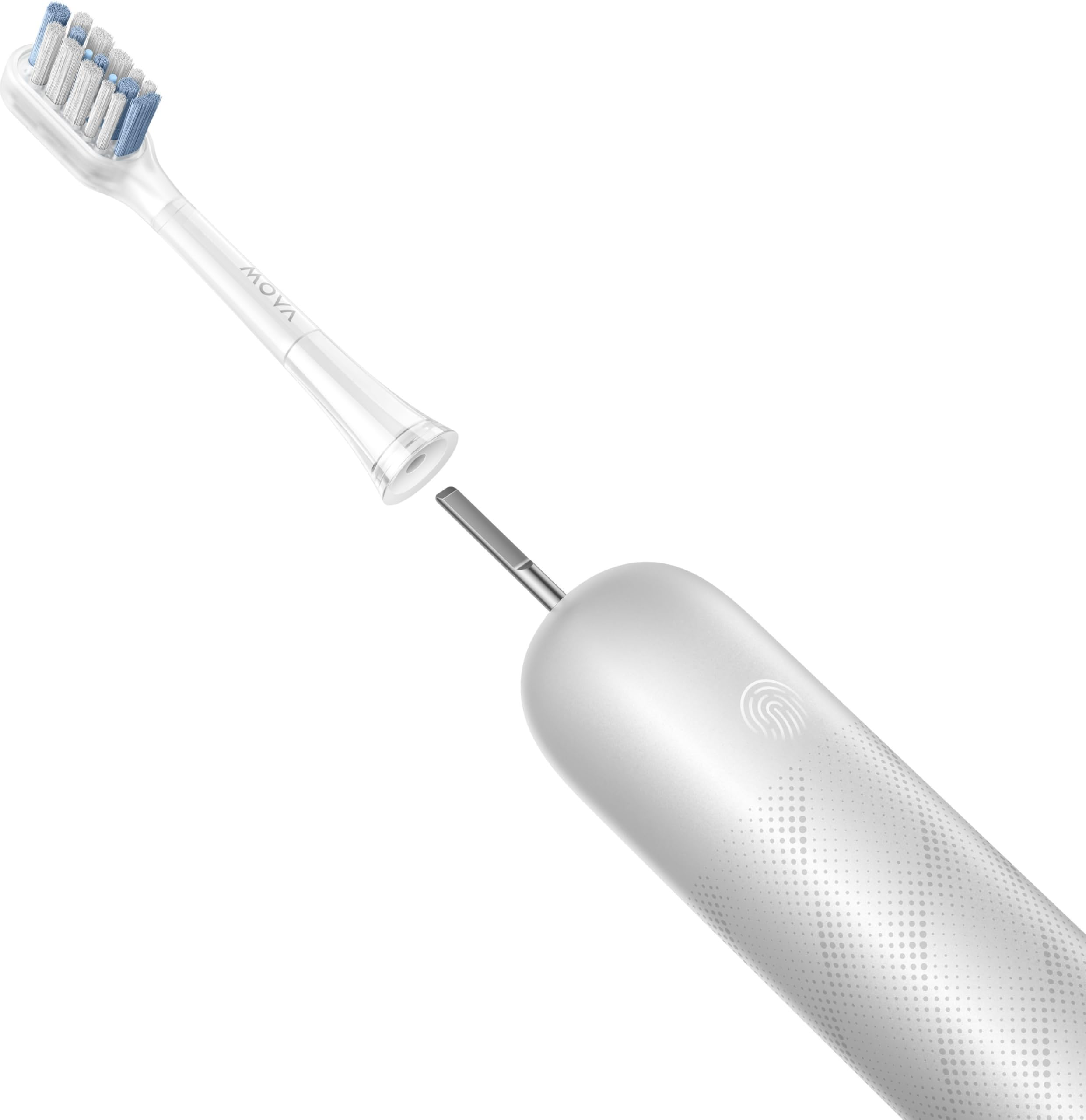 Mova Fresh Pro 3DClean Spazzolino elettrico con App, Ricaricabile per adulti, 2 testine e custodia da viaggio, testina di ricambio 3in1 con supporto, 30 giorni di durata della batteria, Argento