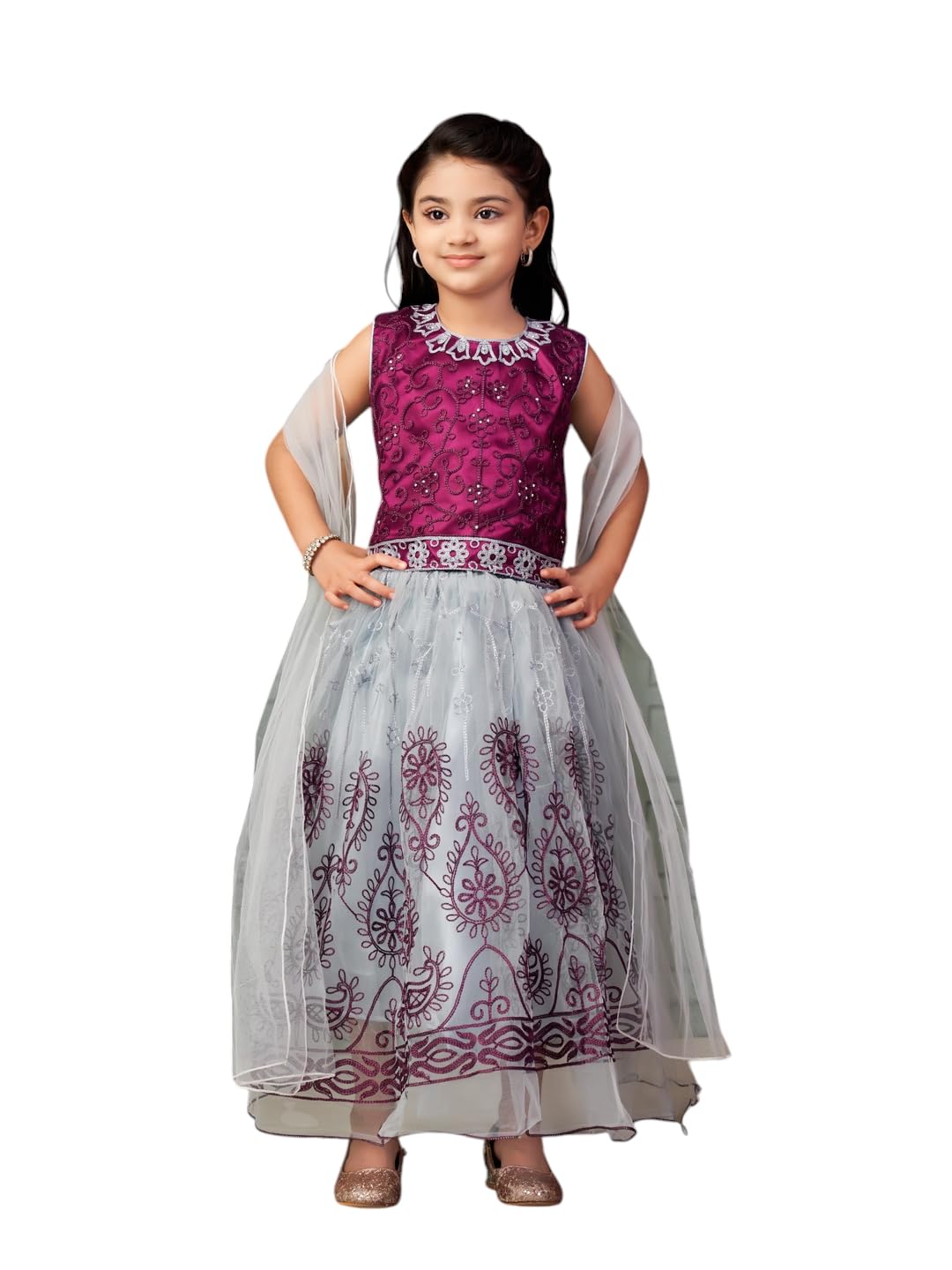 Aarika Girls Ethnic Wear Purple-Grey Colour Thread Embroidery Net Lehenga Choli Set With Dupatta-3-9 Years (Lch-Shm-1527)
