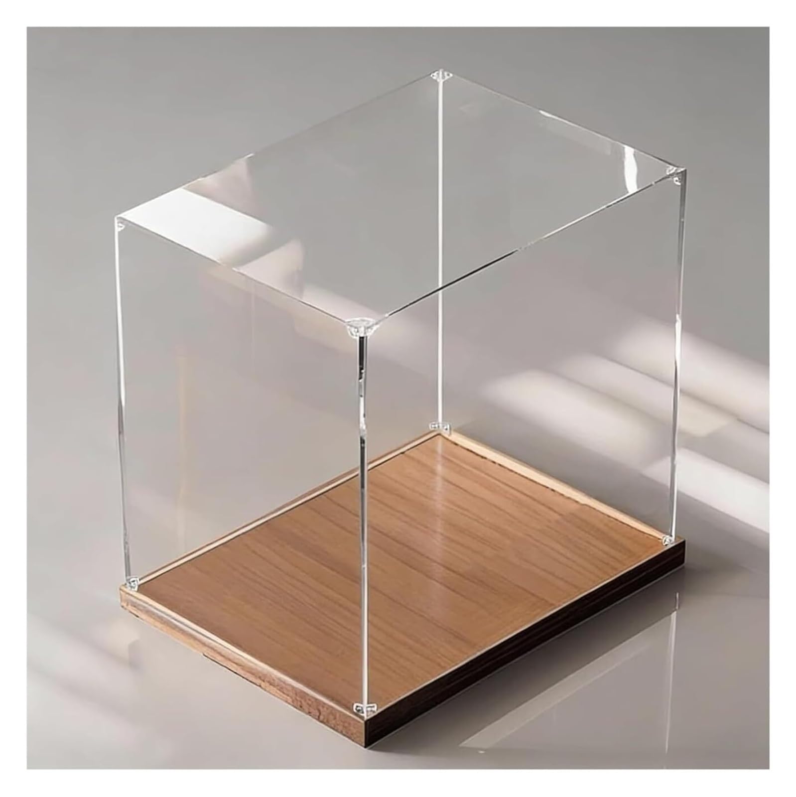 Akrylowe pudełko ekspozycyjne na przedmioty kolekcjonerskie, wielowymiarowa witryna z podstawą z orzecha włoskiego, konstrukcja kostki C, 20 x 20 x 20 cm, idealna do ekspozycji zabawek, figurek i