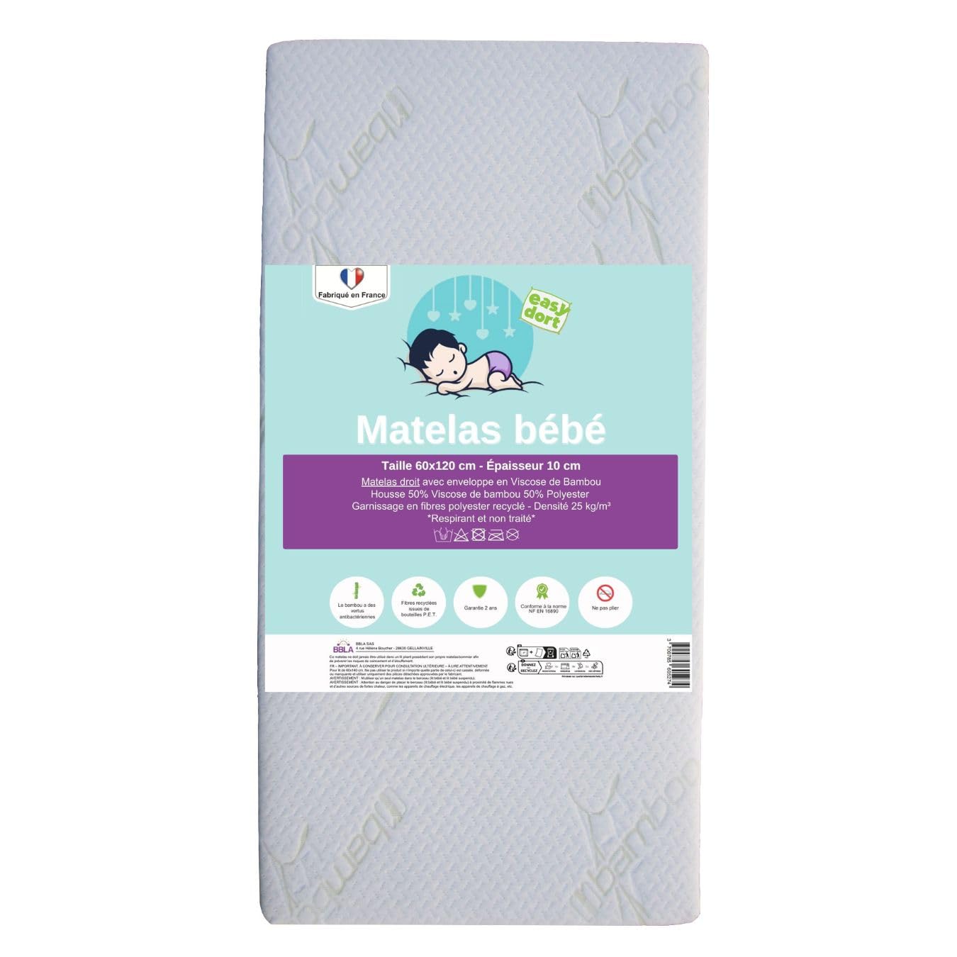 Easy Dort Materac dziecięcy 60x120 cm do łóżka bambusowego parasola wiskozowego lato i zima grubość 10 cm dwustronna wyprodukowano we Francji