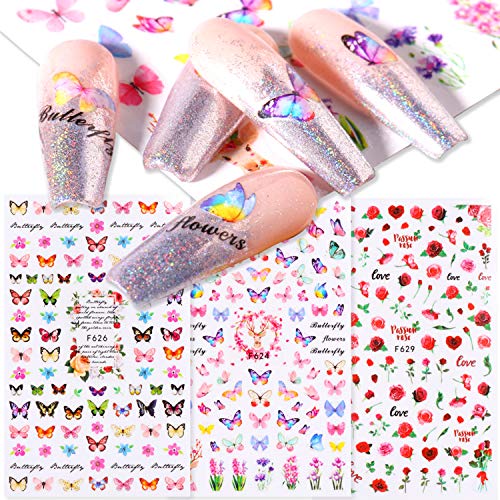 Butterfly Nail Art Decals Sticker Flower Words Butterflies Designs Nail Decals for Nail Art Nail Sticker Transfer Foils for Acrylic Nails Manicure Tips Decorations DIY Finger Toe Decors(6 Sheets)