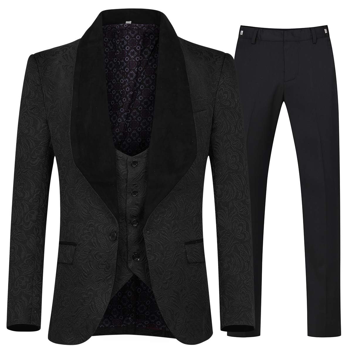 YFFUSHI Men's 3 Piece Suit Slim Fit Jacquard Tuxedo