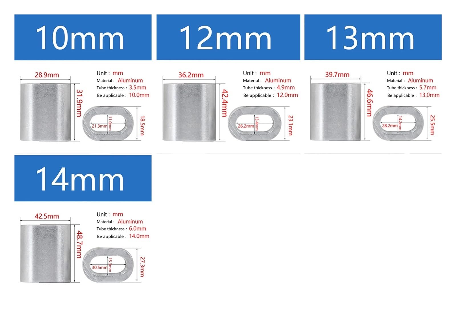 Morsetti a crimpare in alluminio, manicotto in alluminio con foro singolo rotondo for cavi metallici, morsetto in alluminio con foro ovale (2,5 mm (200 pezzi))(6.0mm (100PCS))